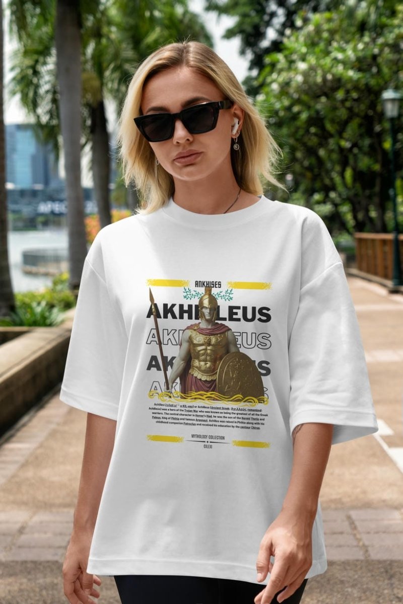 Akhilleus 1 ön Baskılı Oversize t-shirt Erkek Kadın %100 Pamuk Bisiklet Yaka tişort - Cilexi