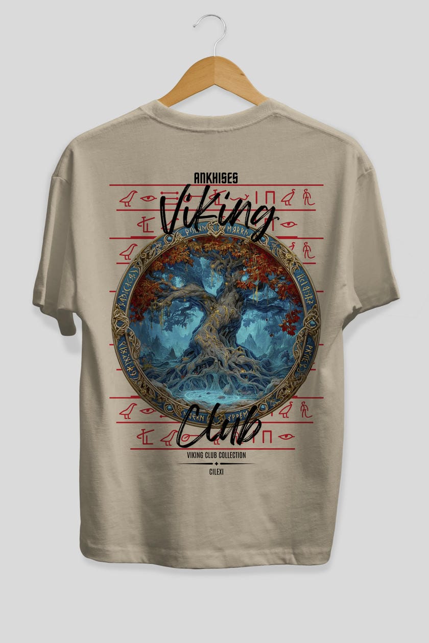 Yggdrasil Arka Baskılı Oversize t-shirt Erkek Kadın %100 Pamuk Bisiklet Yaka tişort