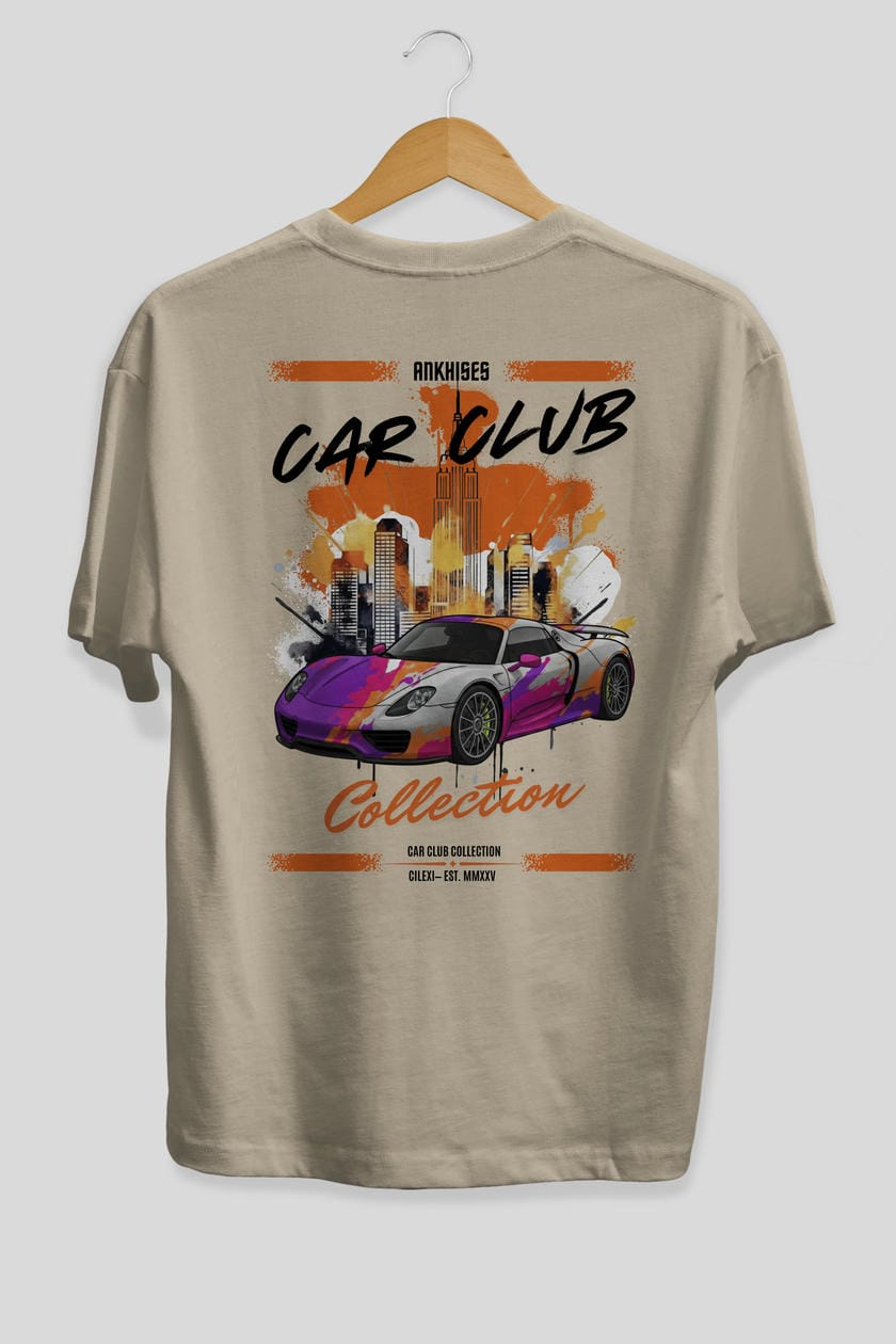 Araba Club Serisi 35 Baskılı Oversize t-shirt Erkek Kadın %100 Pamuk Bisiklet Yaka tişort