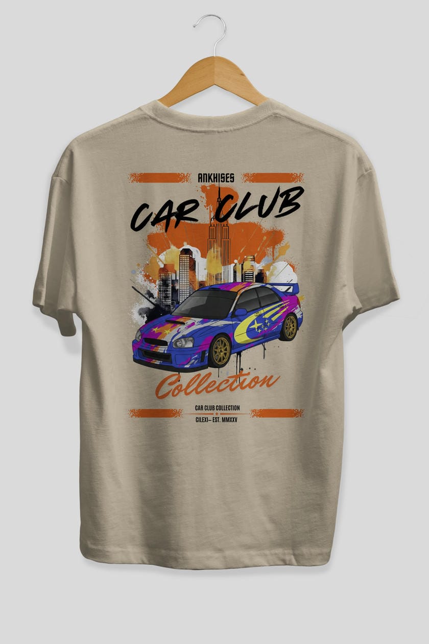 Araba Club Serisi 7 Baskılı Oversize t-shirt Erkek Kadın %100 Pamuk Bisiklet Yaka tişort