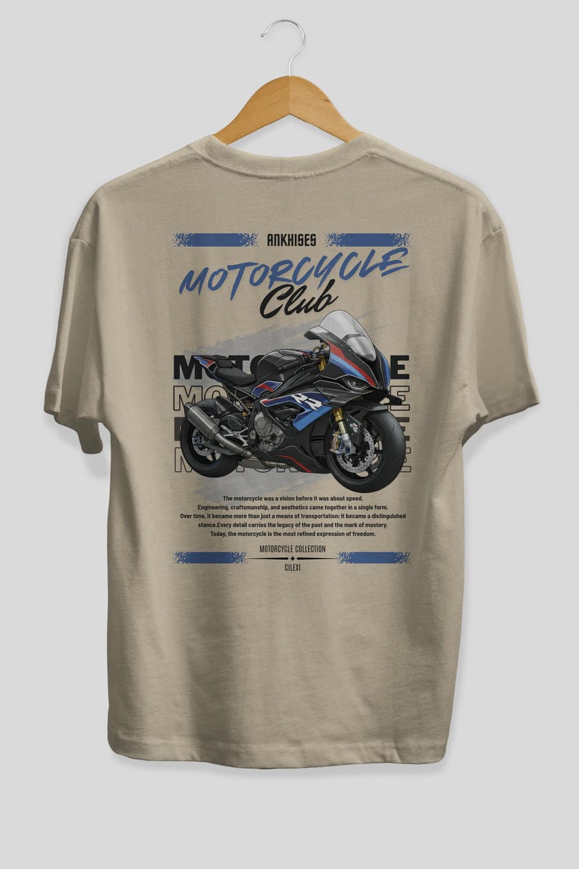 Motosiklet Serisi 1 Arka Baskılı Oversize t-shirt Erkek Kadın %100 Pamuk Bisiklet Yaka tişort