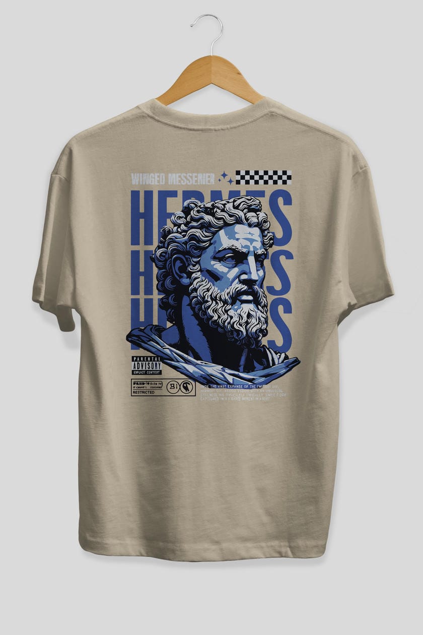 Hermes 1 Arka Baskılı Oversize t-shirt Erkek Kadın %100 Pamuk Bisiklet Yaka tişort
