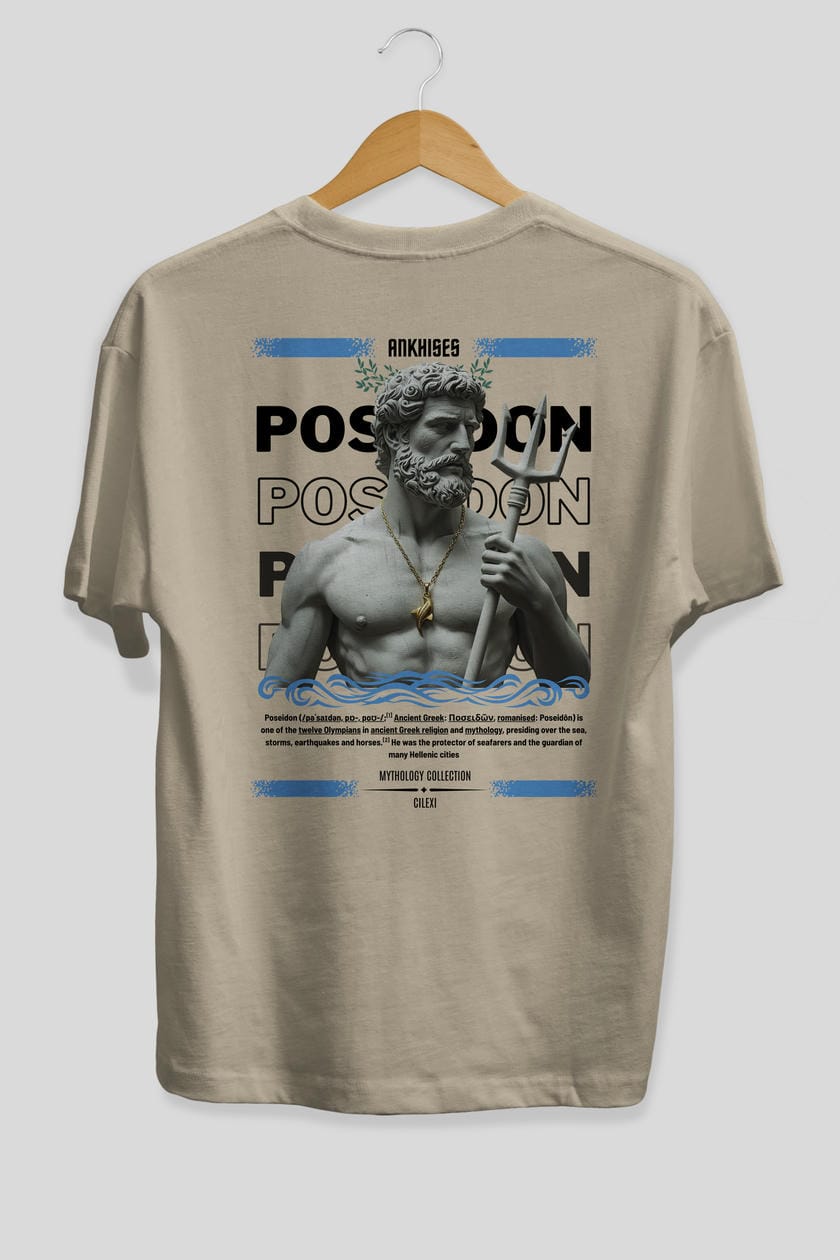 Poseidon 3 Arka Baskılı Oversize t-shirt Erkek Kadın %100 Pamuk Bisiklet Yaka tişort