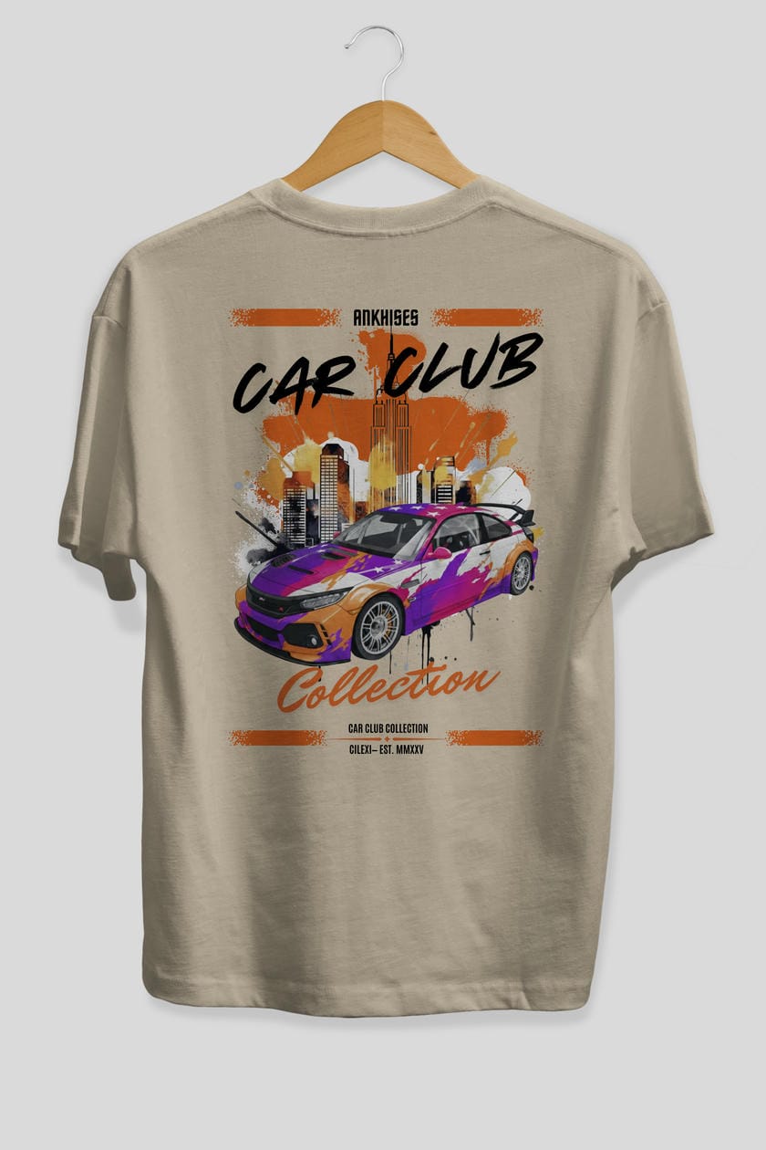 Araba Club Serisi 9 Baskılı Oversize t-shirt Erkek Kadın %100 Pamuk Bisiklet Yaka tişort