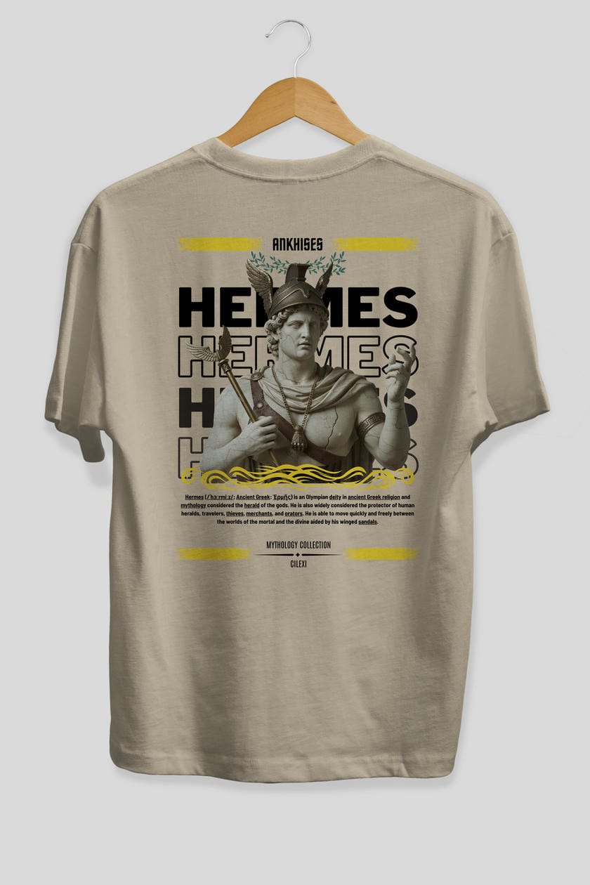Hermes 1 Arka Baskılı Oversize t-shirt Erkek Kadın %100 Pamuk Bisiklet Yaka tişort