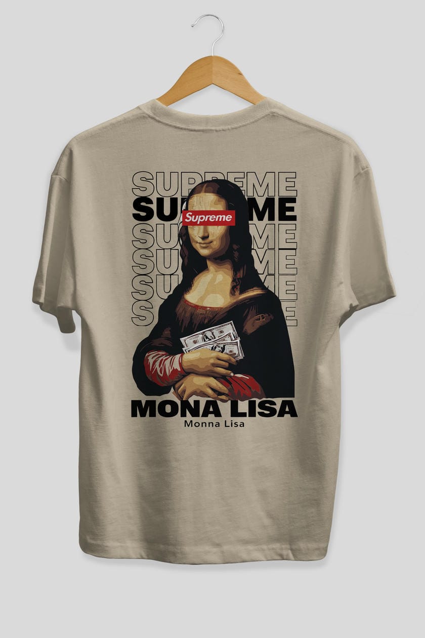 Mona Lisa Supreme Arka Baskılı Oversize t-shirt Erkek Kadın %100 Pamuk Bisiklet Yaka tişort