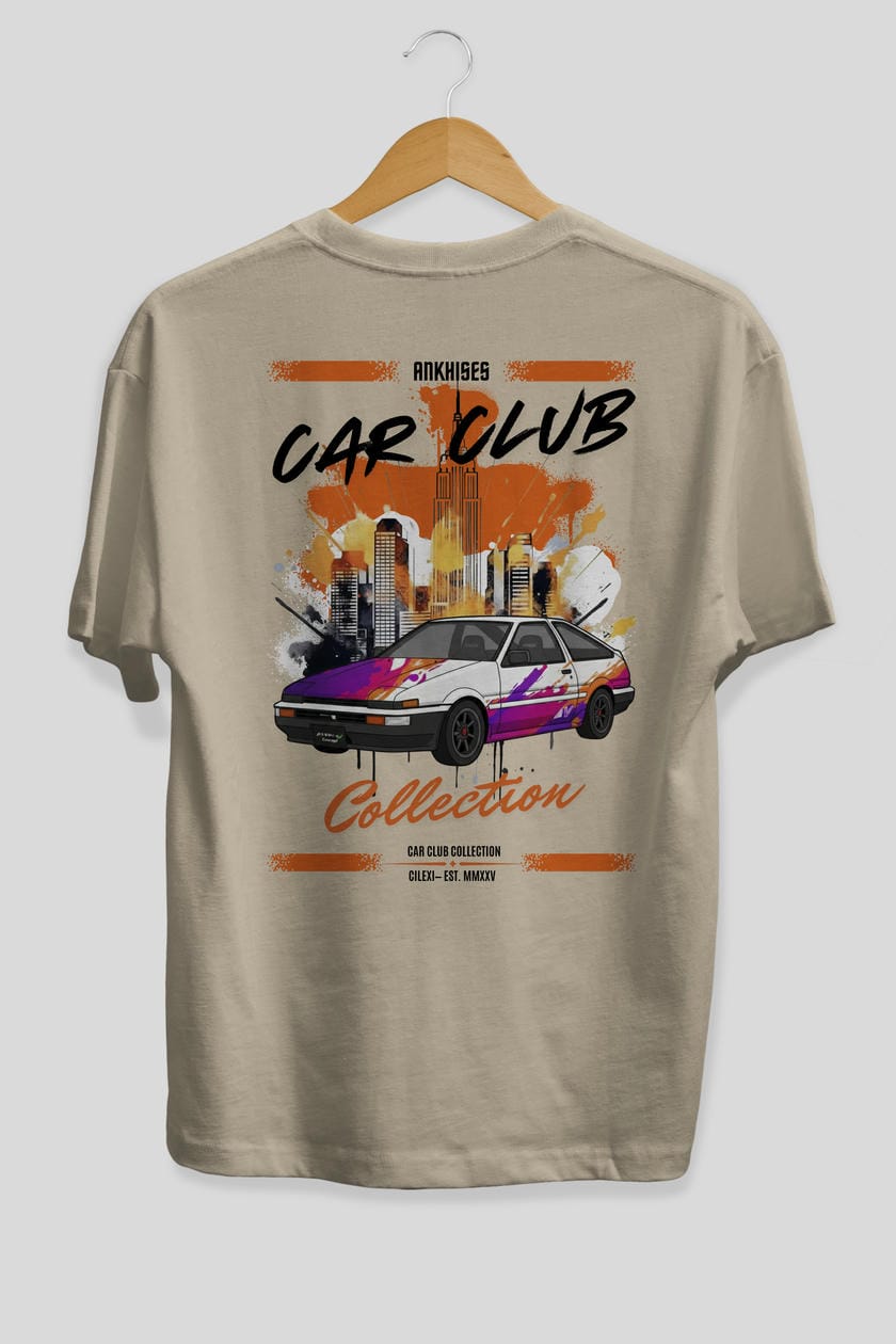 Araba Club Serisi 37 Baskılı Oversize t-shirt Erkek Kadın %100 Pamuk Bisiklet Yaka tişort