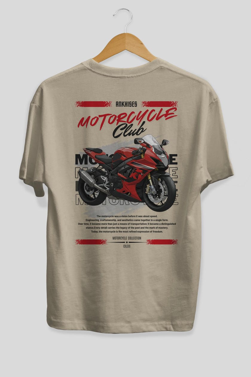 Motosiklet Serisi 5 Arka Baskılı Oversize t-shirt Erkek Kadın %100 Pamuk Bisiklet Yaka tişort