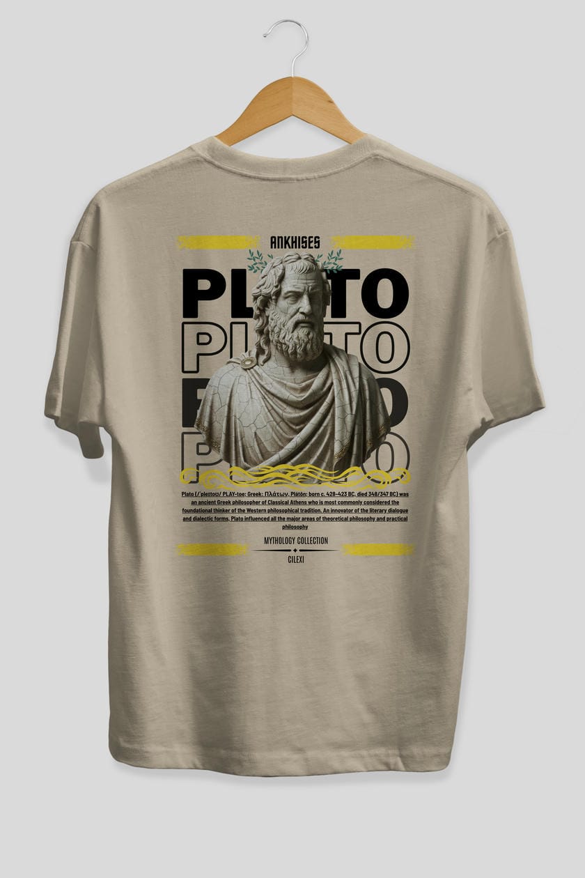 Plato 2 Arka Baskılı Oversize t-shirt Erkek Kadın %100 Pamuk Bisiklet Yaka tişort