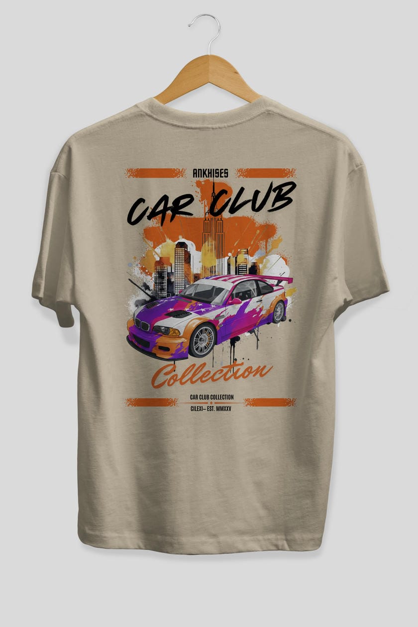 Araba Club Serisi 6 Baskılı Oversize t-shirt Erkek Kadın %100 Pamuk Bisiklet Yaka tişort