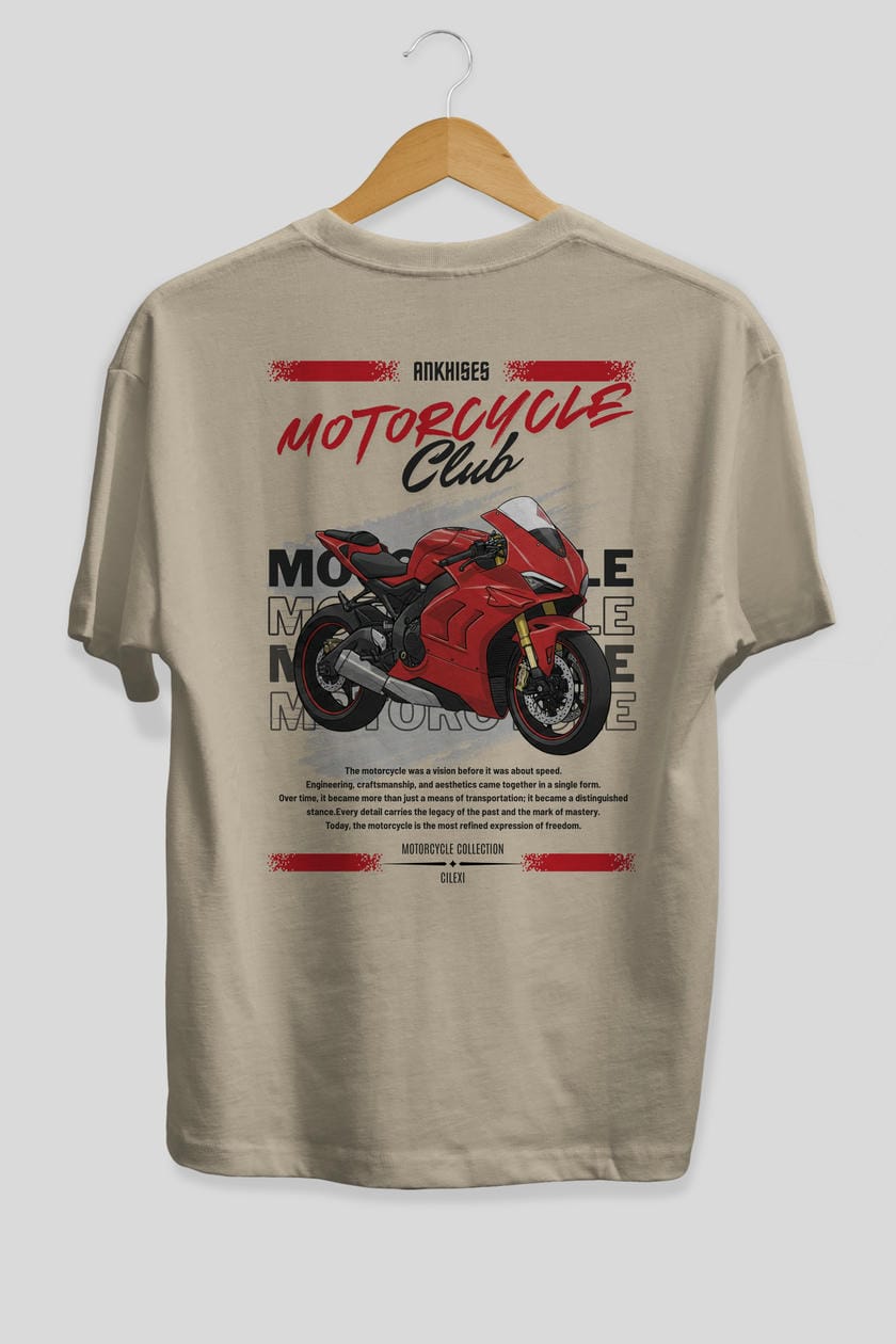 Motosiklet Serisi 7 Arka Baskılı Oversize t-shirt Erkek Kadın %100 Pamuk Bisiklet Yaka tişort