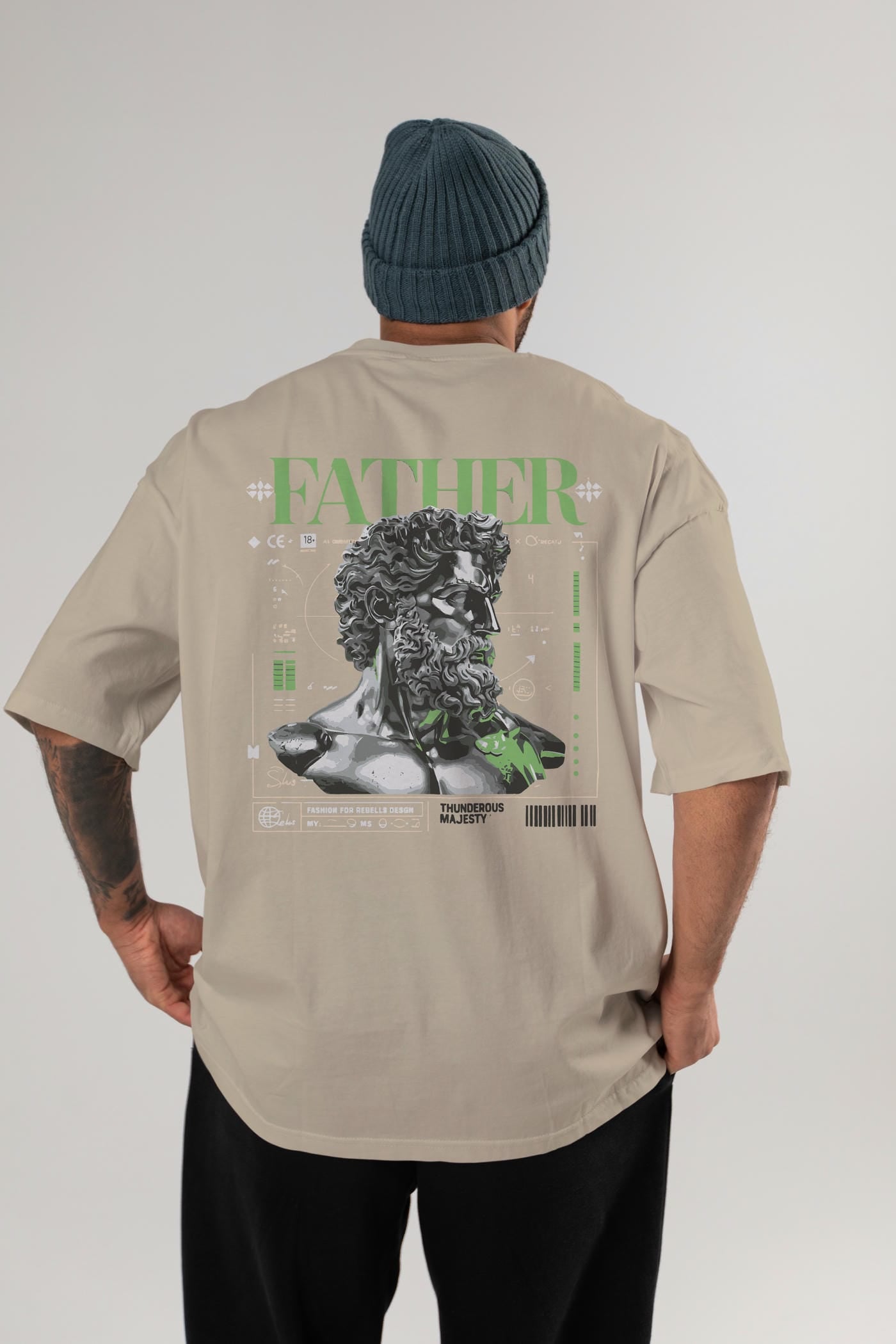 Father Zeus Arka Baskılı Oversize t-shirt Erkek Kadın %100 Pamuk Bisiklet Yaka tişort