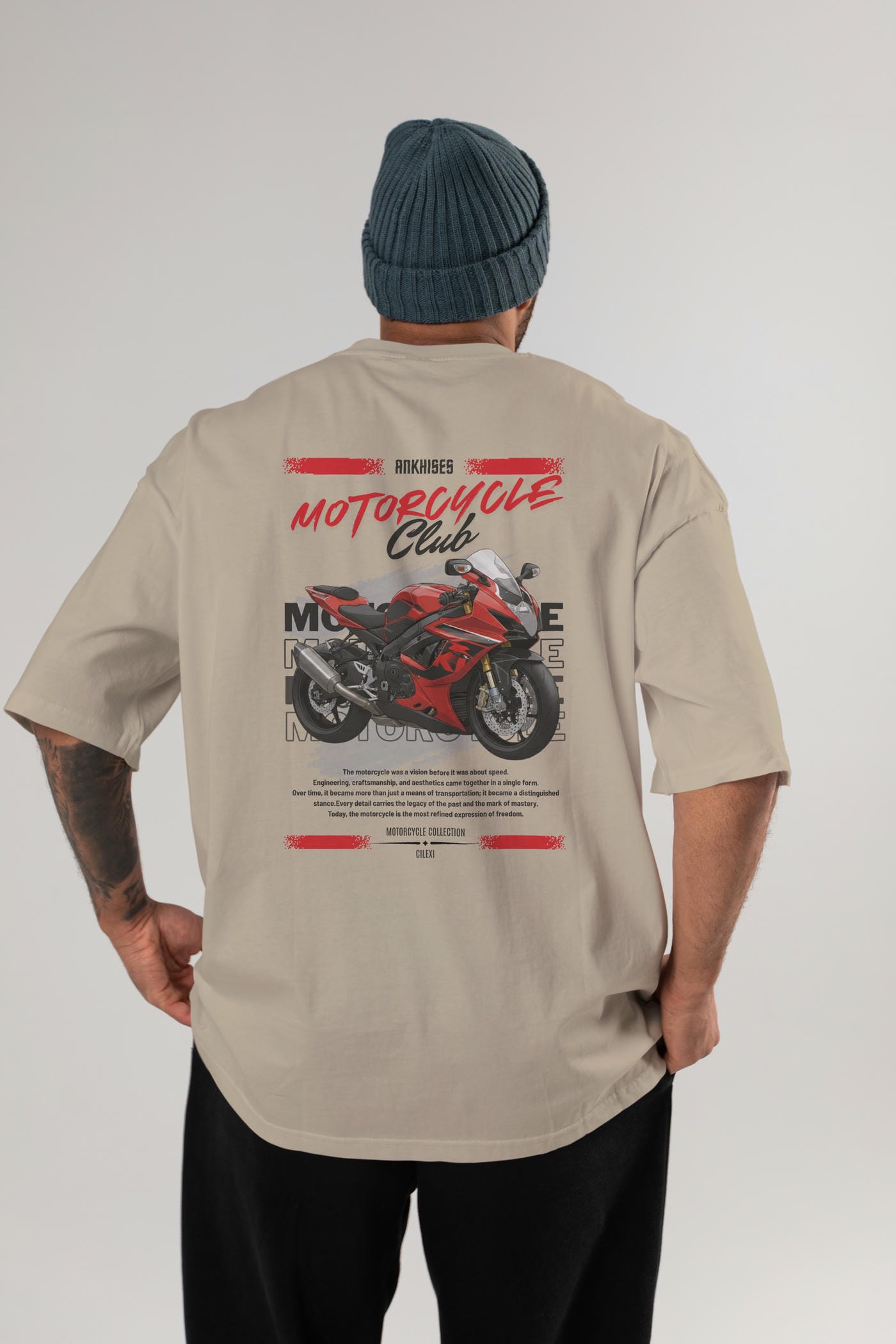 Motosiklet Serisi 5 Arka Baskılı Oversize t-shirt Erkek Kadın %100 Pamuk Bisiklet Yaka tişort