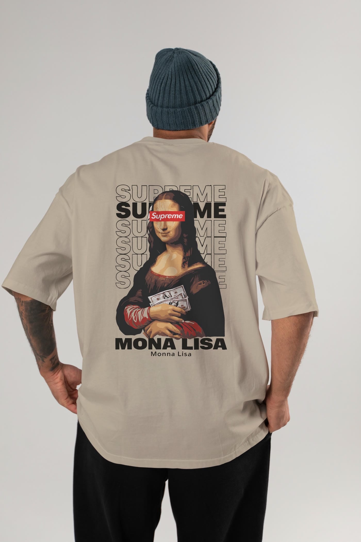 Mona Lisa Supreme Arka Baskılı Oversize t-shirt Erkek Kadın %100 Pamuk Bisiklet Yaka tişort
