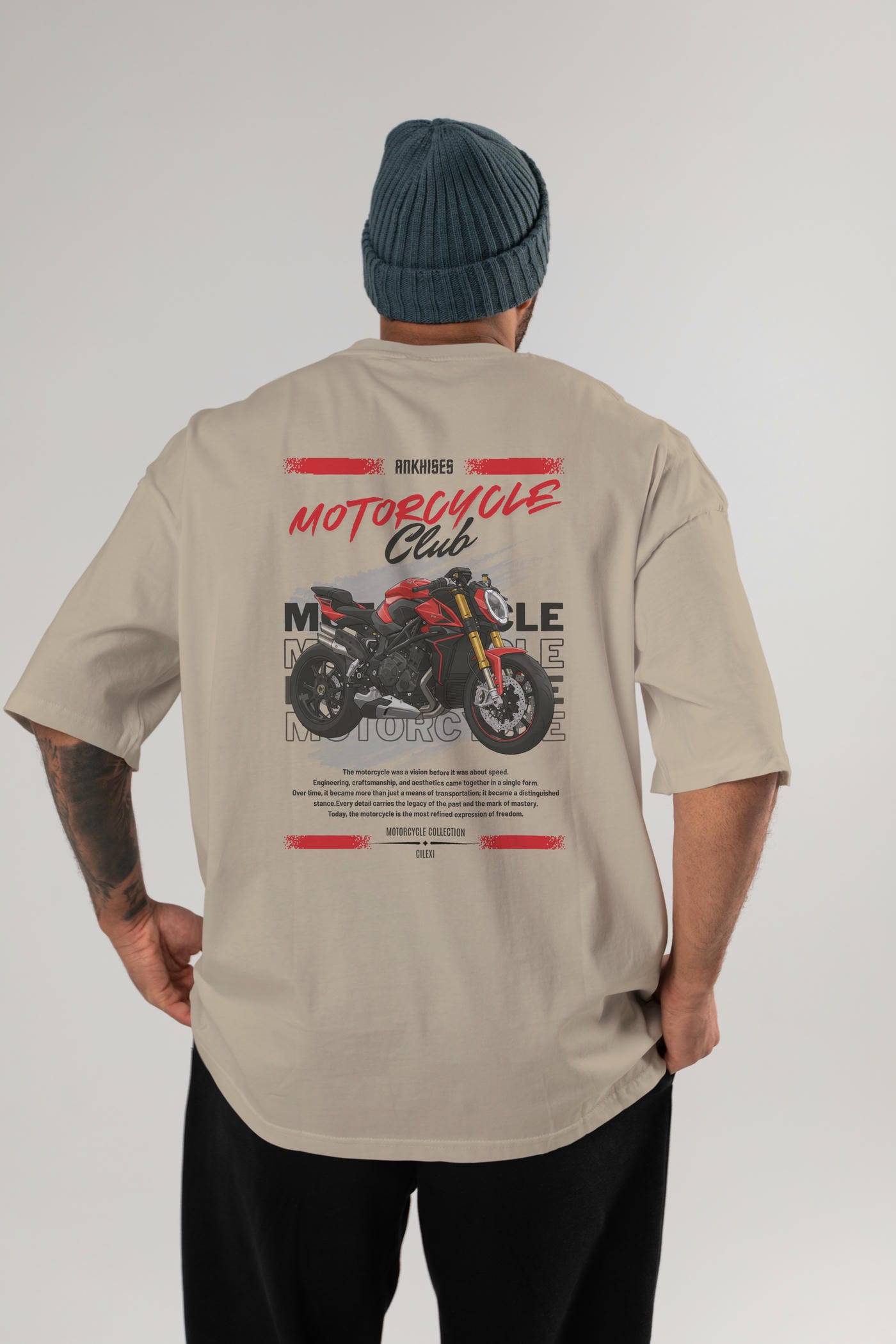 Motosiklet Serisi 26 Arka Baskılı Oversize t-shirt Erkek Kadın %100 Pamuk Bisiklet Yaka tişort