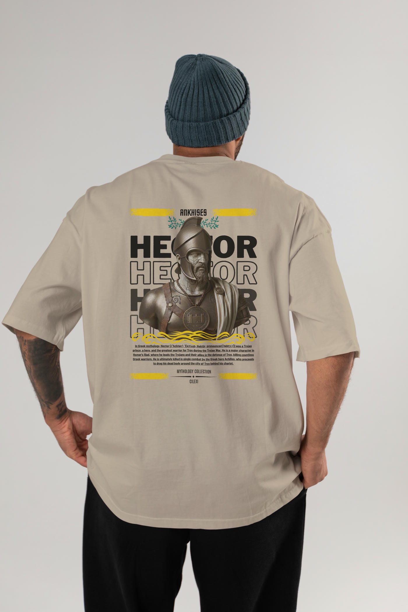 Hector 1 Arka Baskılı Oversize t-shirt Erkek Kadın %100 Pamuk Bisiklet Yaka tişort