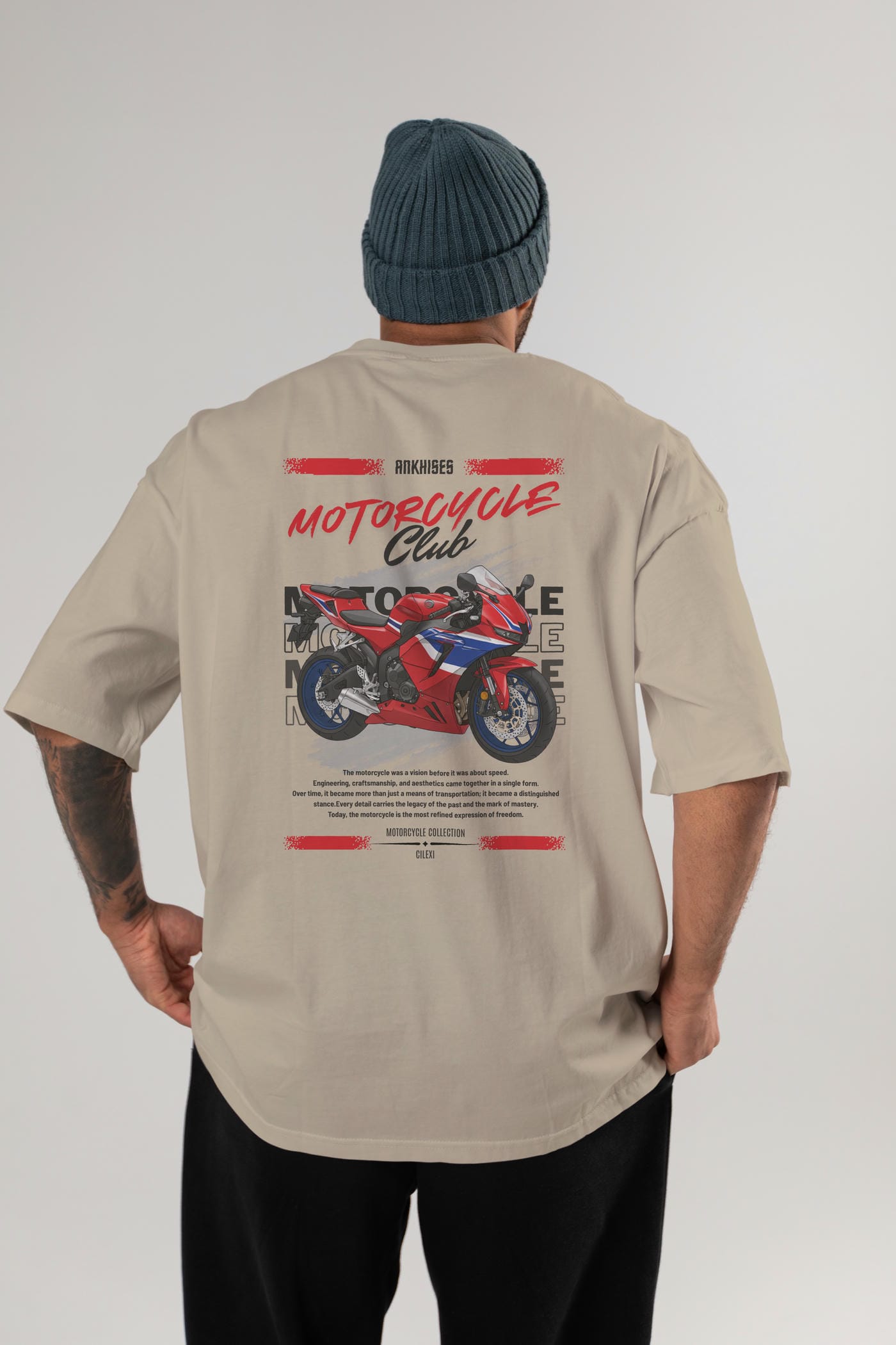 Motosiklet Serisi 24 Arka Baskılı Oversize t-shirt Erkek Kadın %100 Pamuk Bisiklet Yaka tişort