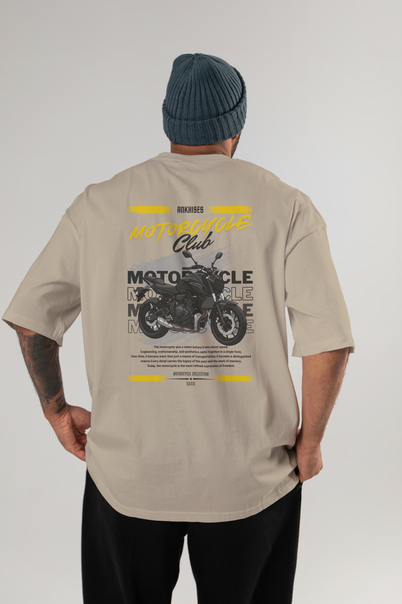 Motosiklet Serisi 20 Arka Baskılı Oversize t-shirt Erkek Kadın %100 Pamuk Bisiklet Yaka tişort