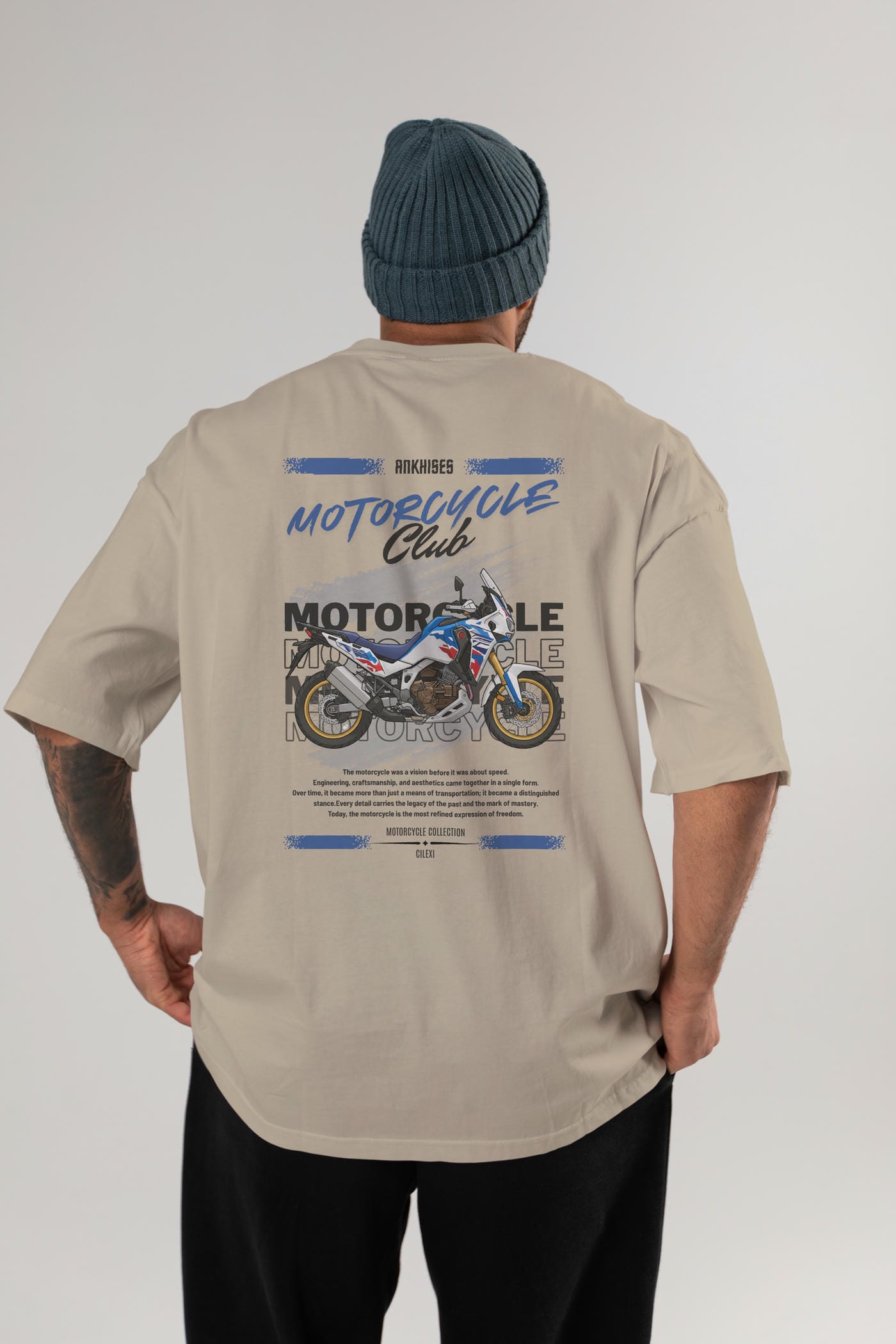 Motosiklet Serisi 23 Arka Baskılı Oversize t-shirt Erkek Kadın %100 Pamuk Bisiklet Yaka tişort