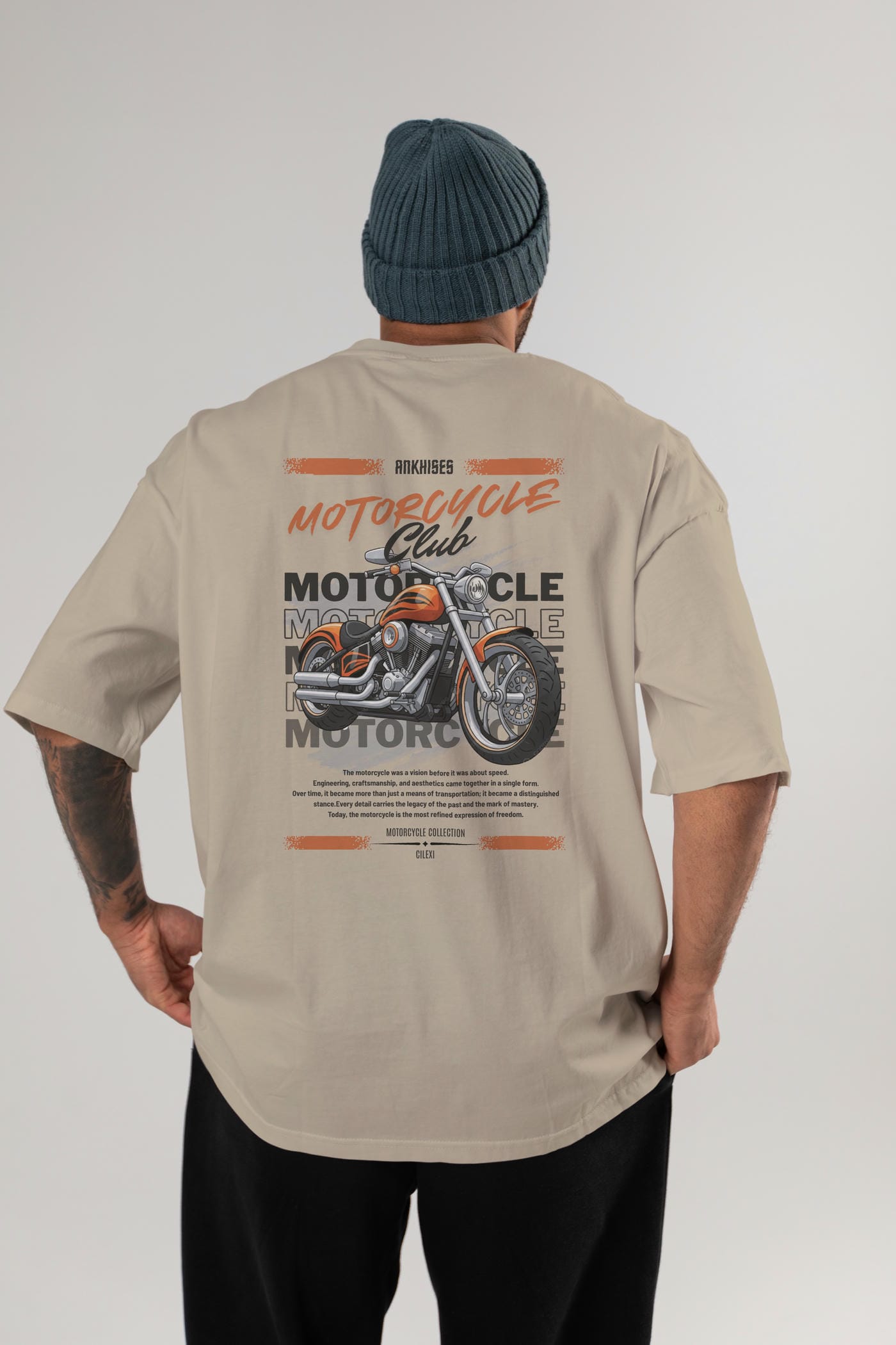 Motosiklet Serisi 34 Arka Baskılı Oversize t-shirt Erkek Kadın %100 Pamuk Bisiklet Yaka tişort