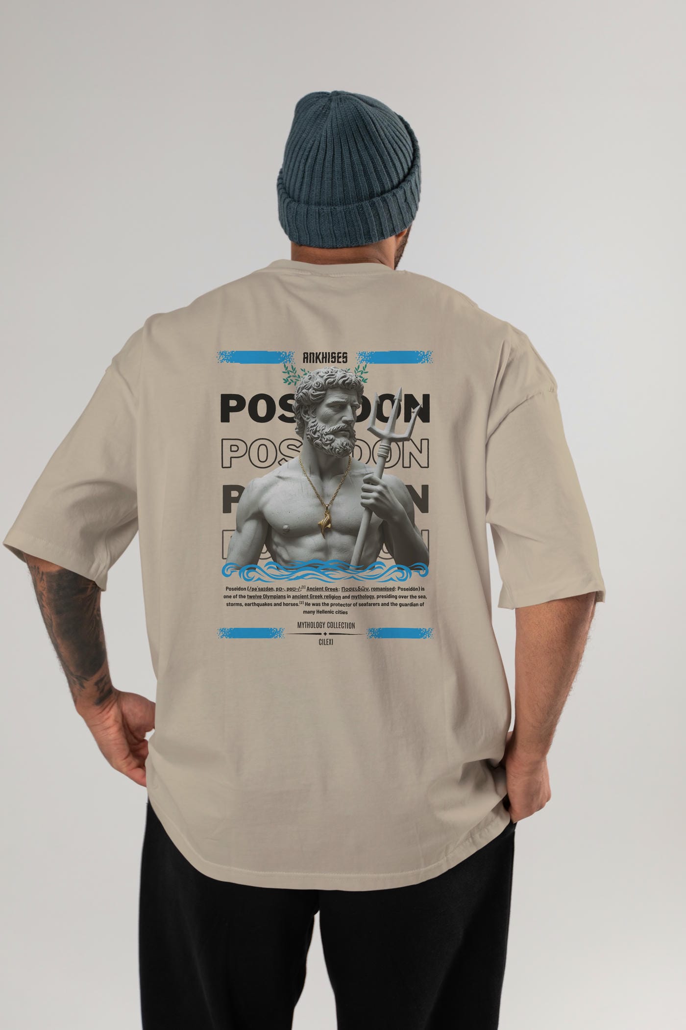 Poseidon 3 Arka Baskılı Oversize t-shirt Erkek Kadın %100 Pamuk Bisiklet Yaka tişort