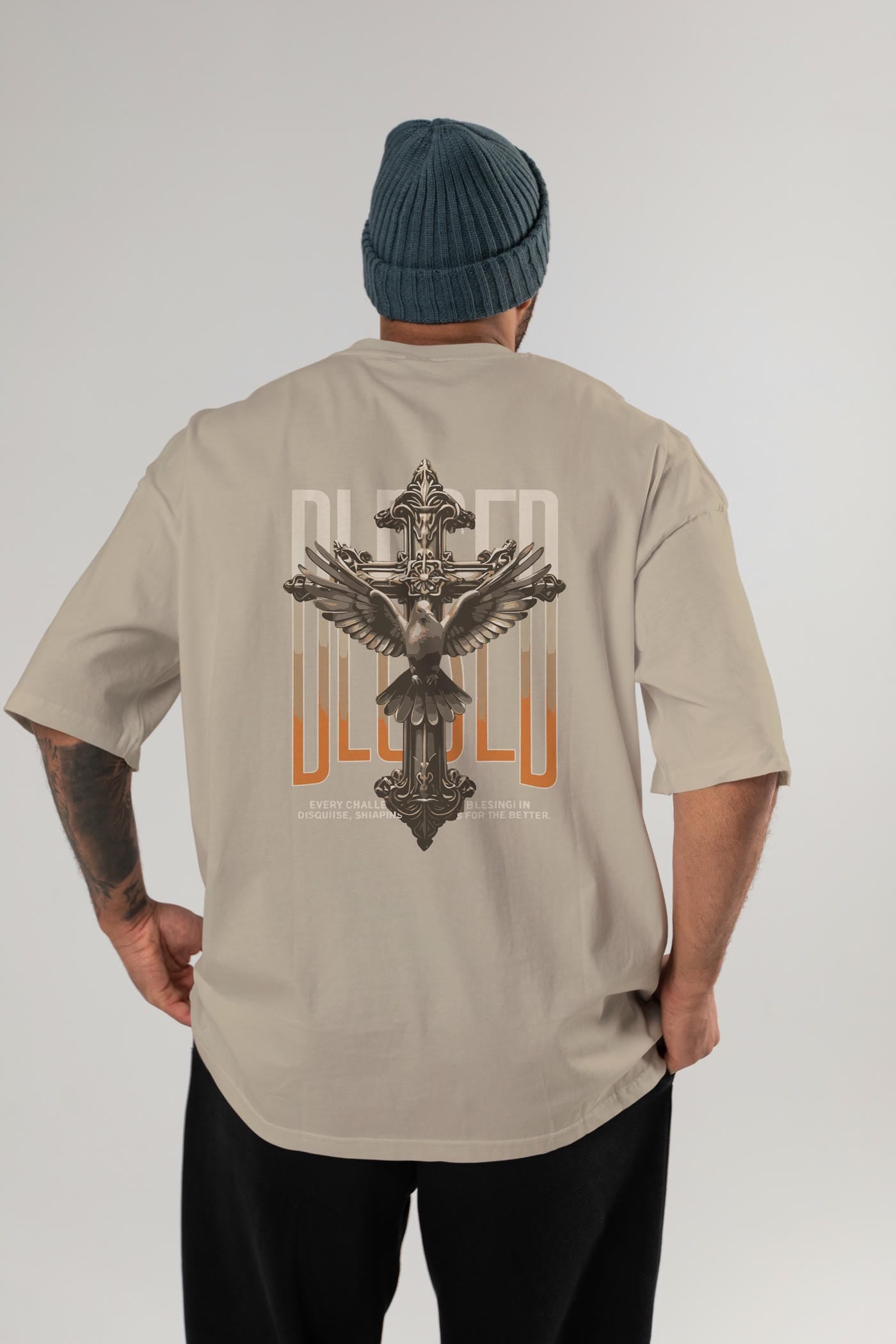 Blesed Arka Baskılı Oversize t-shirt Erkek Kadın %100 Pamuk Bisiklet Yaka tişort