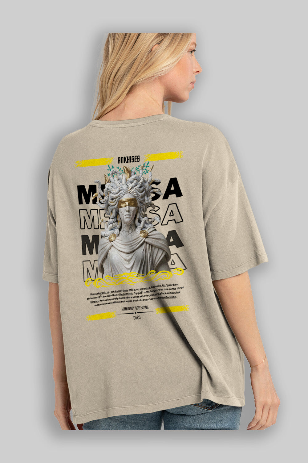 Medusa 2 Arka Baskılı Oversize t-shirt Erkek Kadın %100 Pamuk Bisiklet Yaka tişort