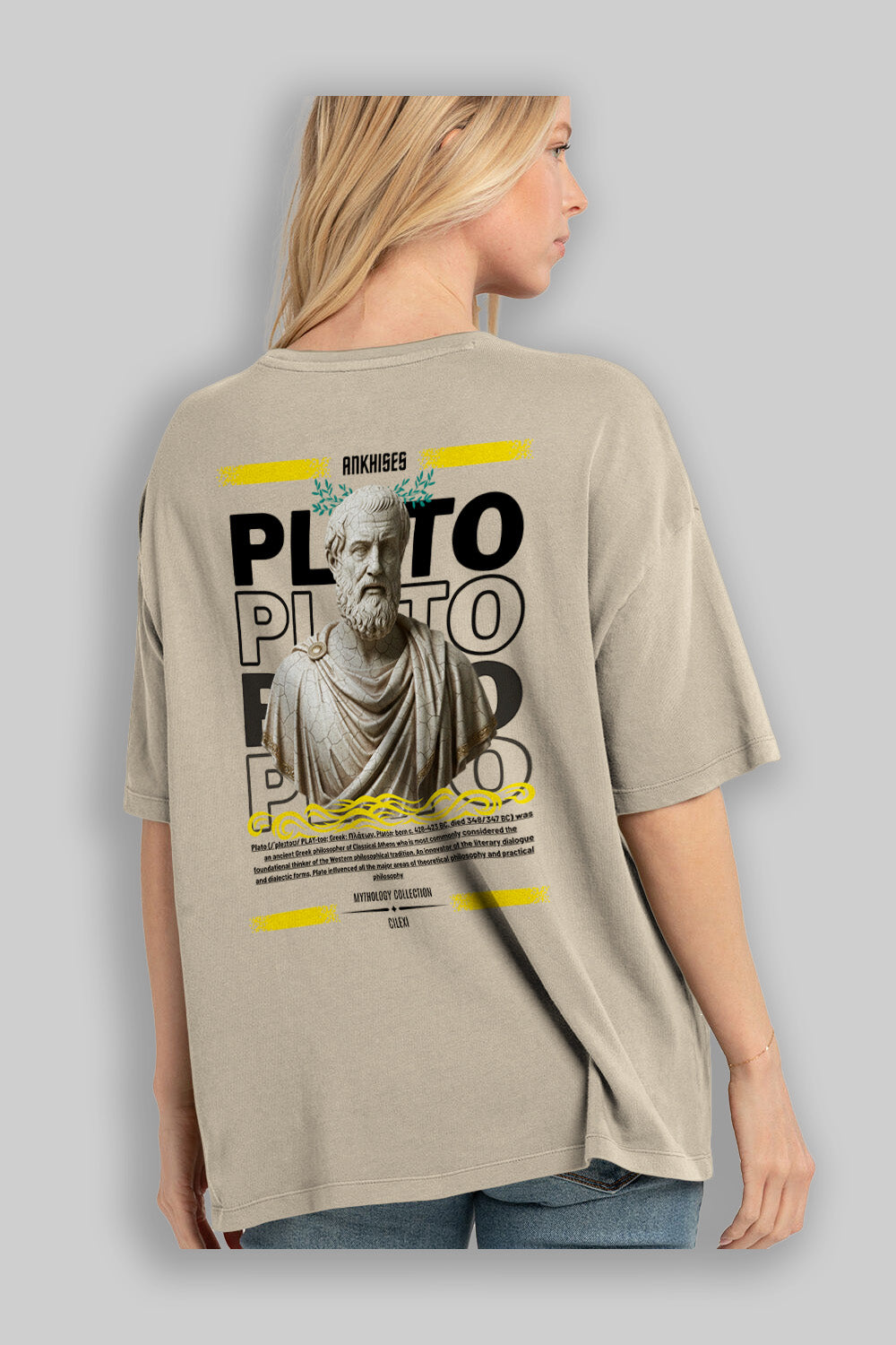Plato 1 Arka Baskılı Oversize t-shirt Erkek Kadın %100 Pamuk Bisiklet Yaka tişort