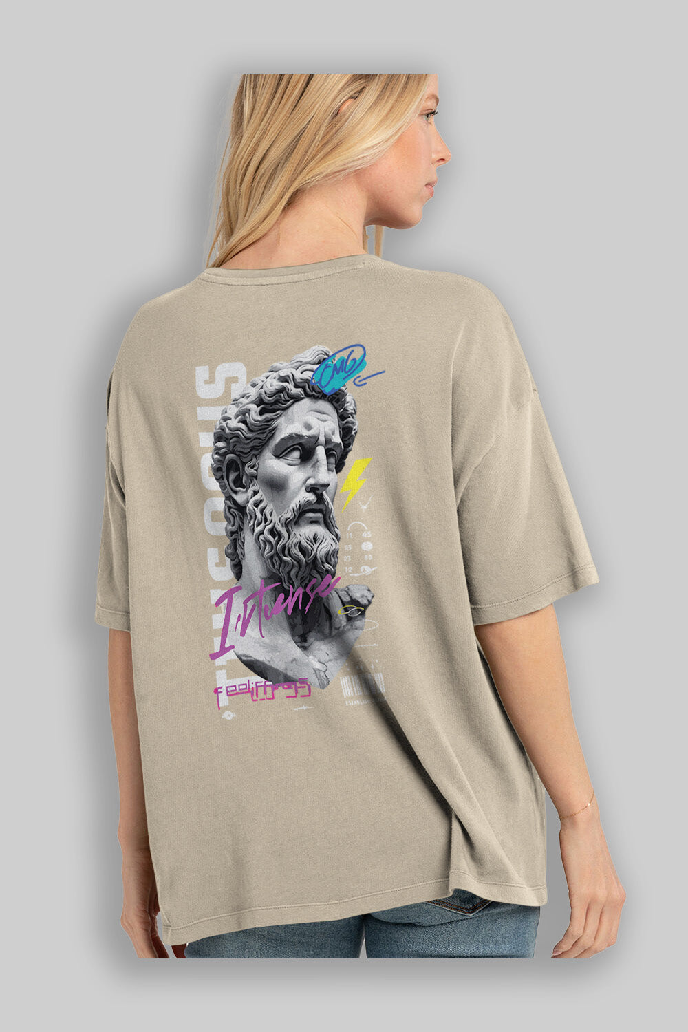 Zeus Intense Arka Baskılı Oversize t-shirt Erkek Kadın %100 Pamuk Bisiklet Yaka tişort