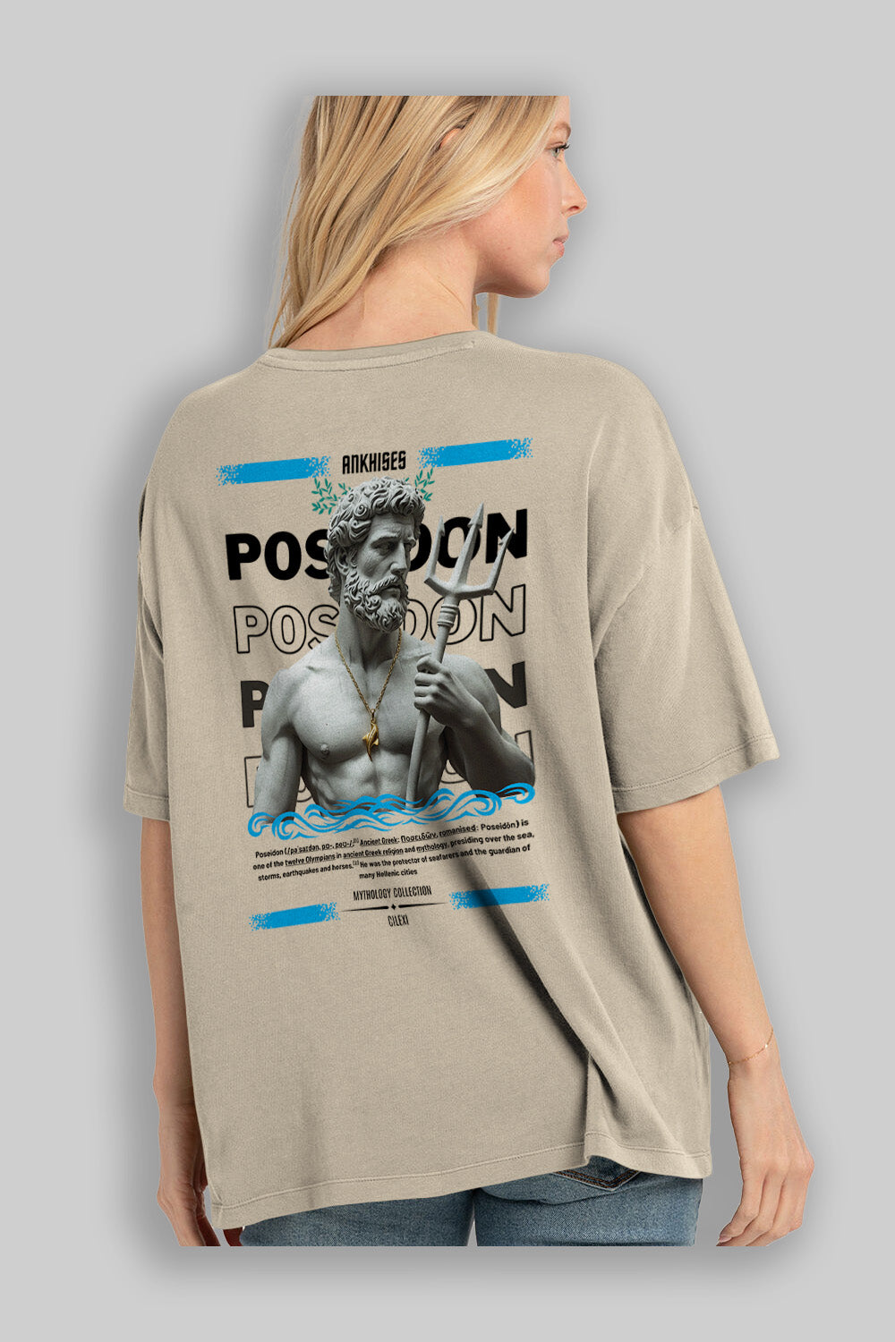 Poseidon 3 Arka Baskılı Oversize t-shirt Erkek Kadın %100 Pamuk Bisiklet Yaka tişort