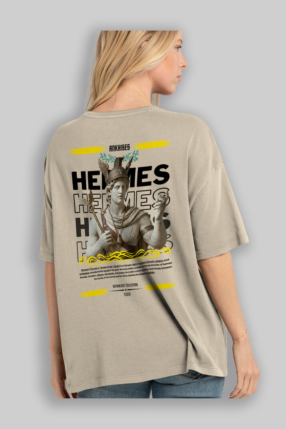Hermes 1 Arka Baskılı Oversize t-shirt Erkek Kadın %100 Pamuk Bisiklet Yaka tişort