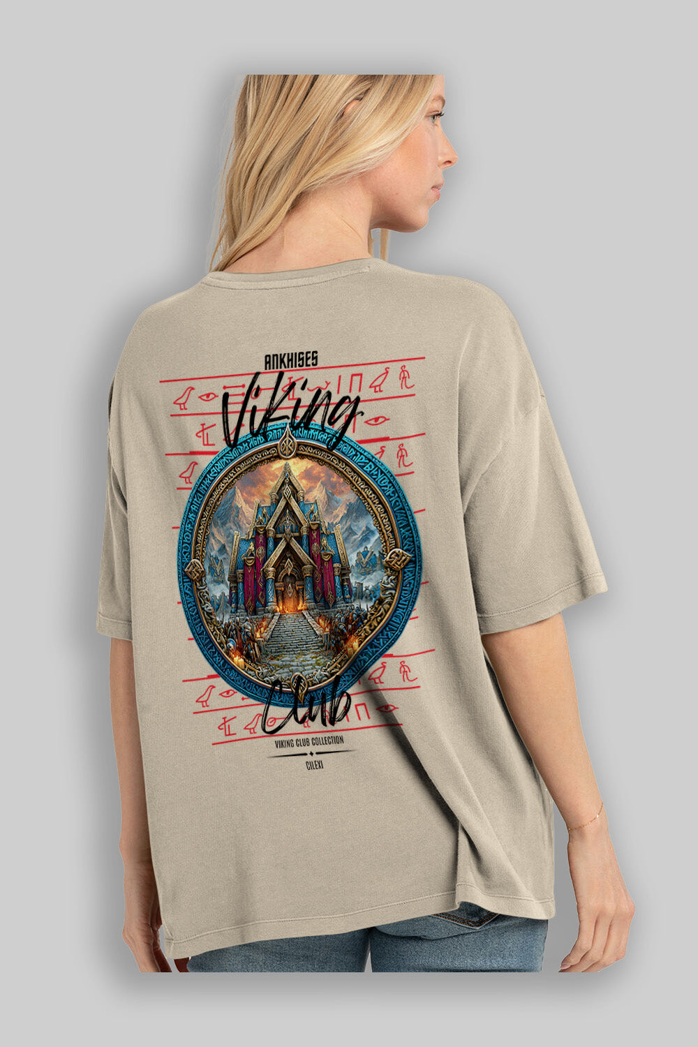 Valhalla Arka Baskılı Oversize t-shirt Erkek Kadın %100 Pamuk Bisiklet Yaka tişort