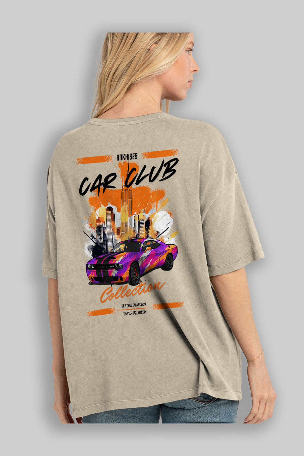 Araba Club Serisi 22 Baskılı Oversize t-shirt Erkek Kadın %100 Pamuk Bisiklet Yaka tişort