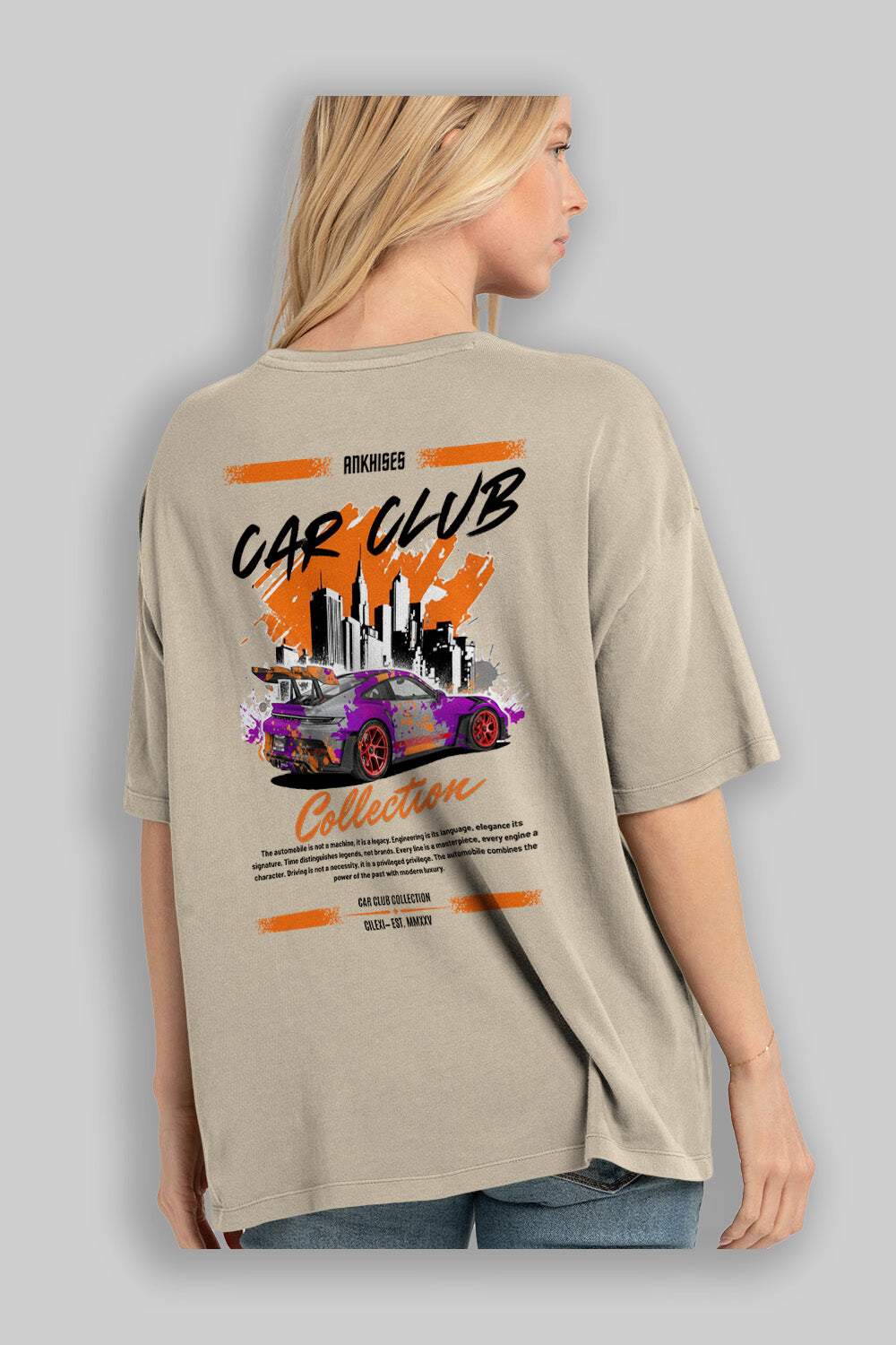 Araba Club Serisi 2 Baskılı Oversize t-shirt Erkek Kadın %100 Pamuk Bisiklet Yaka tişort