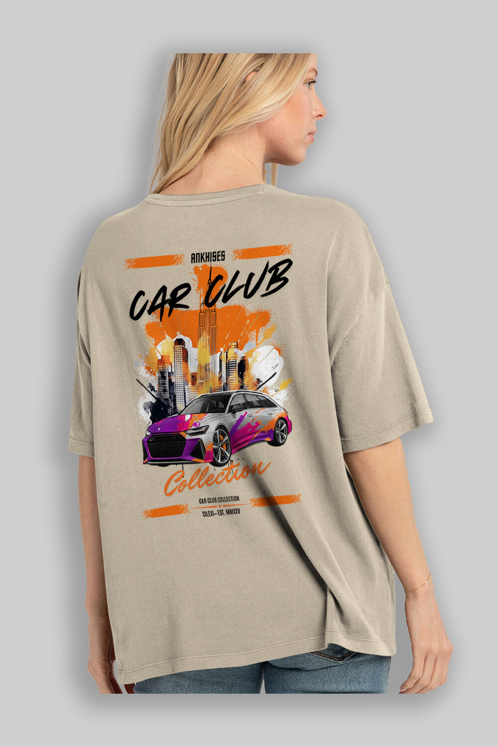 Araba Club Serisi 3 Baskılı Oversize t-shirt Erkek Kadın %100 Pamuk Bisiklet Yaka tişort