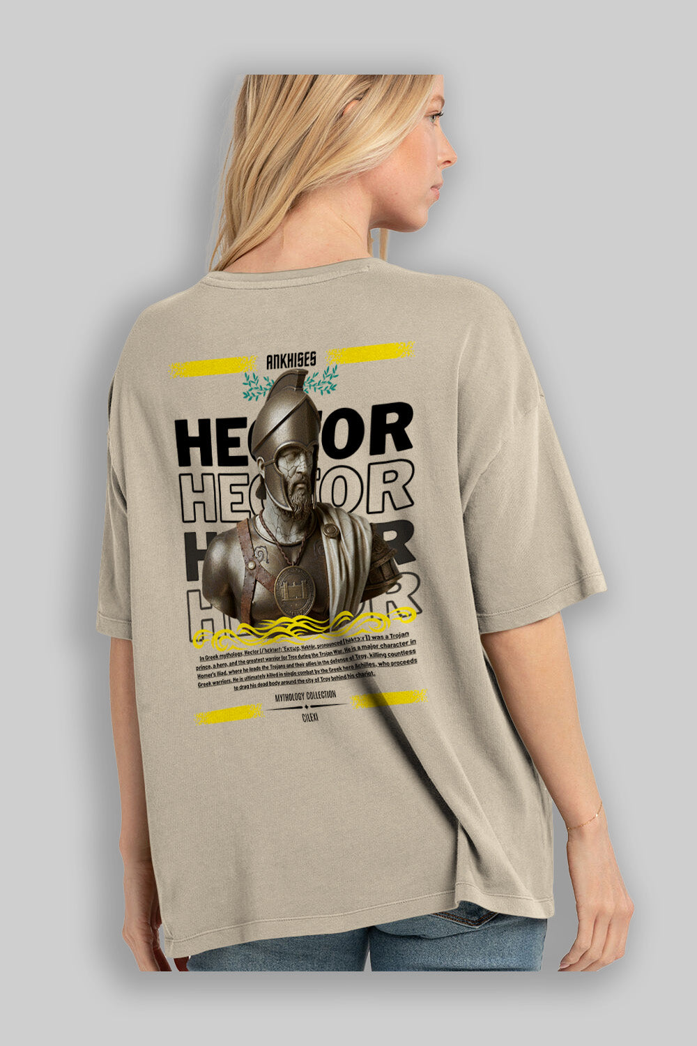Hector 1 Arka Baskılı Oversize t-shirt Erkek Kadın %100 Pamuk Bisiklet Yaka tişort