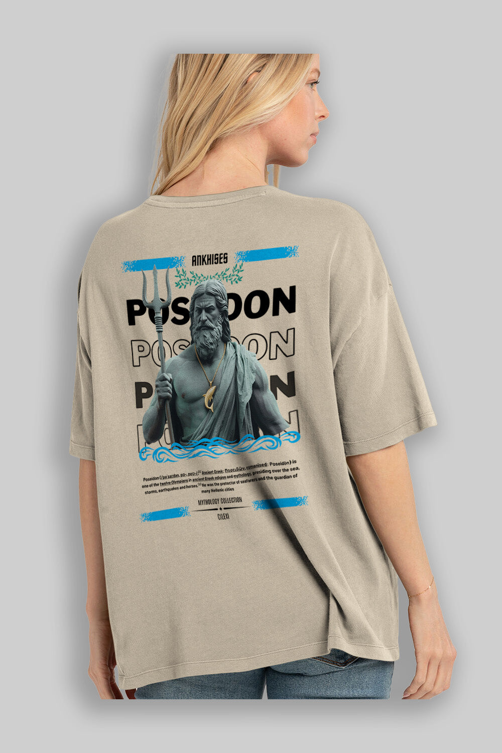 Poseidon 2 Arka Baskılı Oversize t-shirt Erkek Kadın %100 Pamuk Bisiklet Yaka tişort