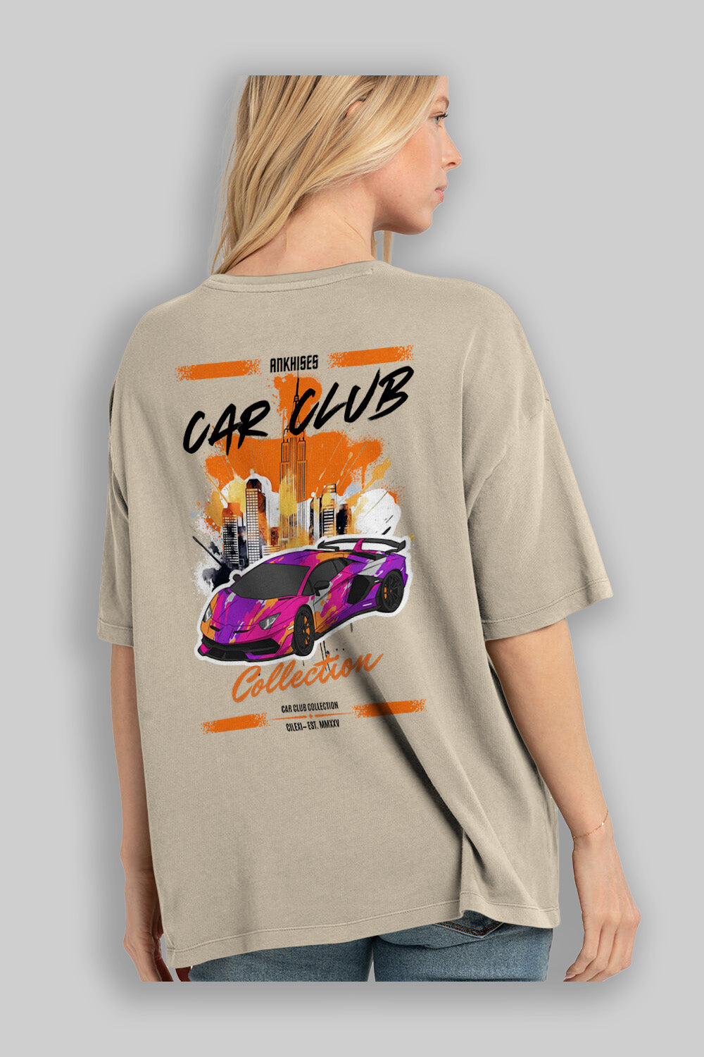 Araba Club Serisi 28 Baskılı Oversize t-shirt Erkek Kadın %100 Pamuk Bisiklet Yaka tişort