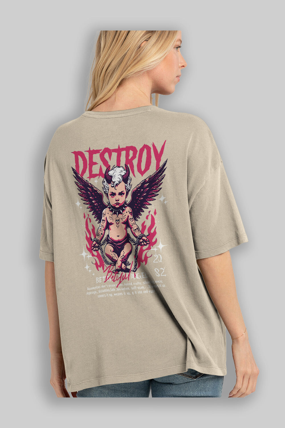Destroy Arka Baskılı Oversize t-shirt Erkek Kadın %100 Pamuk Bisiklet Yaka tişort