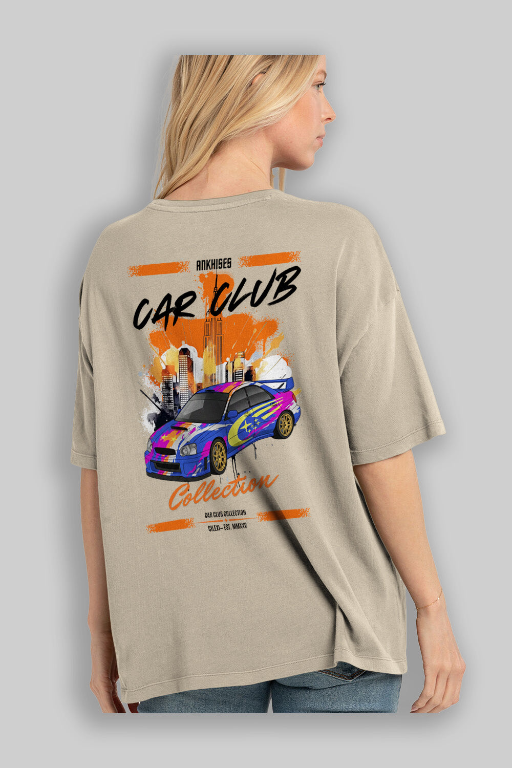 Araba Club Serisi 7 Baskılı Oversize t-shirt Erkek Kadın %100 Pamuk Bisiklet Yaka tişort