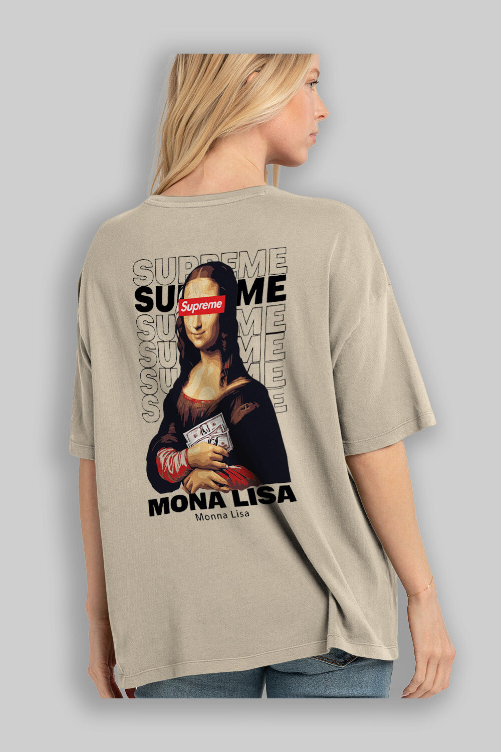 Mona Lisa Supreme Arka Baskılı Oversize t-shirt Erkek Kadın %100 Pamuk Bisiklet Yaka tişort