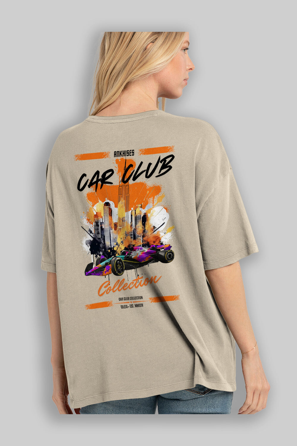 Araba Club Serisi 12 Baskılı Oversize t-shirt Erkek Kadın %100 Pamuk Bisiklet Yaka tişort