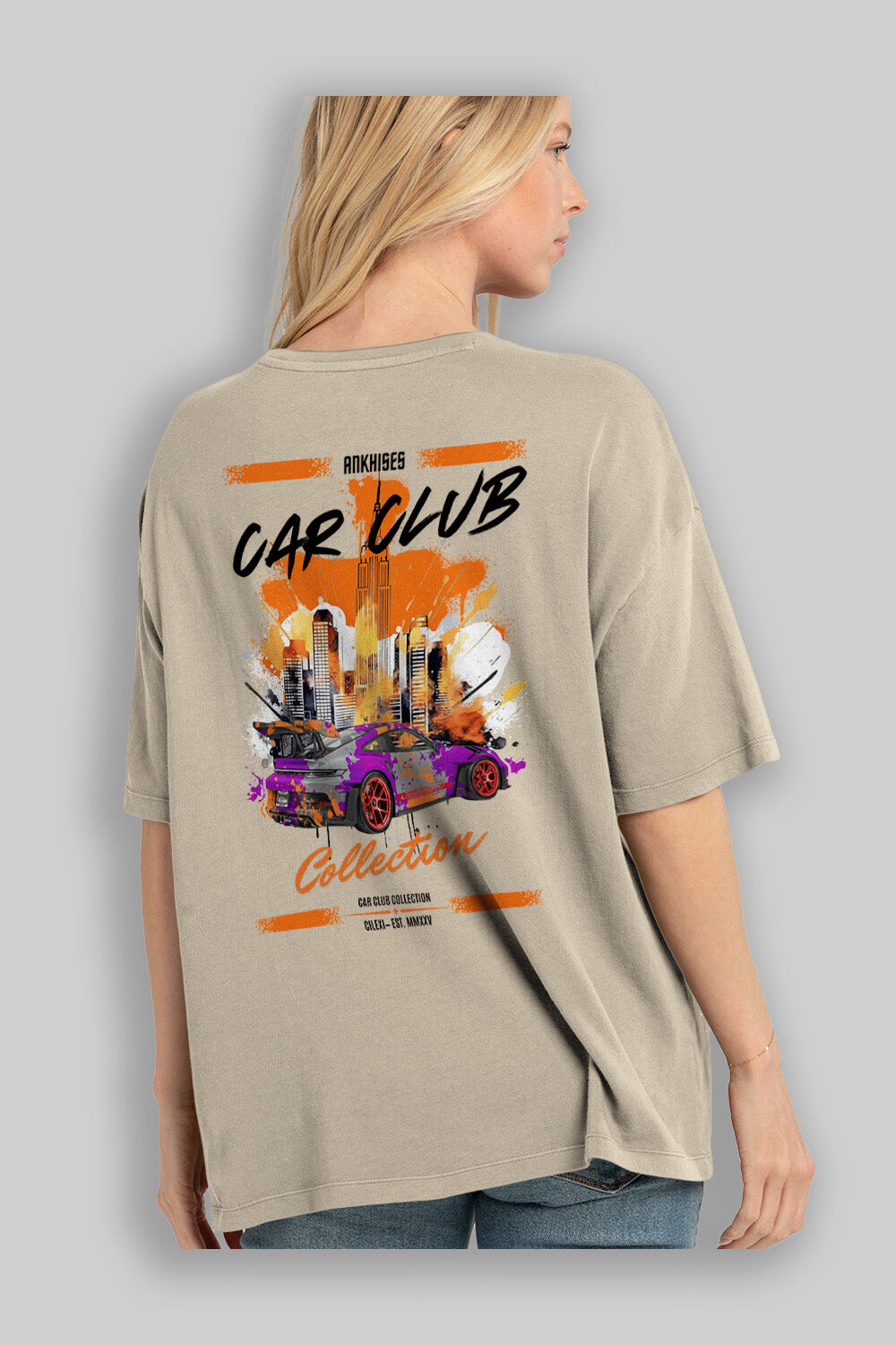 Araba Club Serisi 5 Baskılı Oversize t-shirt Erkek Kadın %100 Pamuk Bisiklet Yaka tişort
