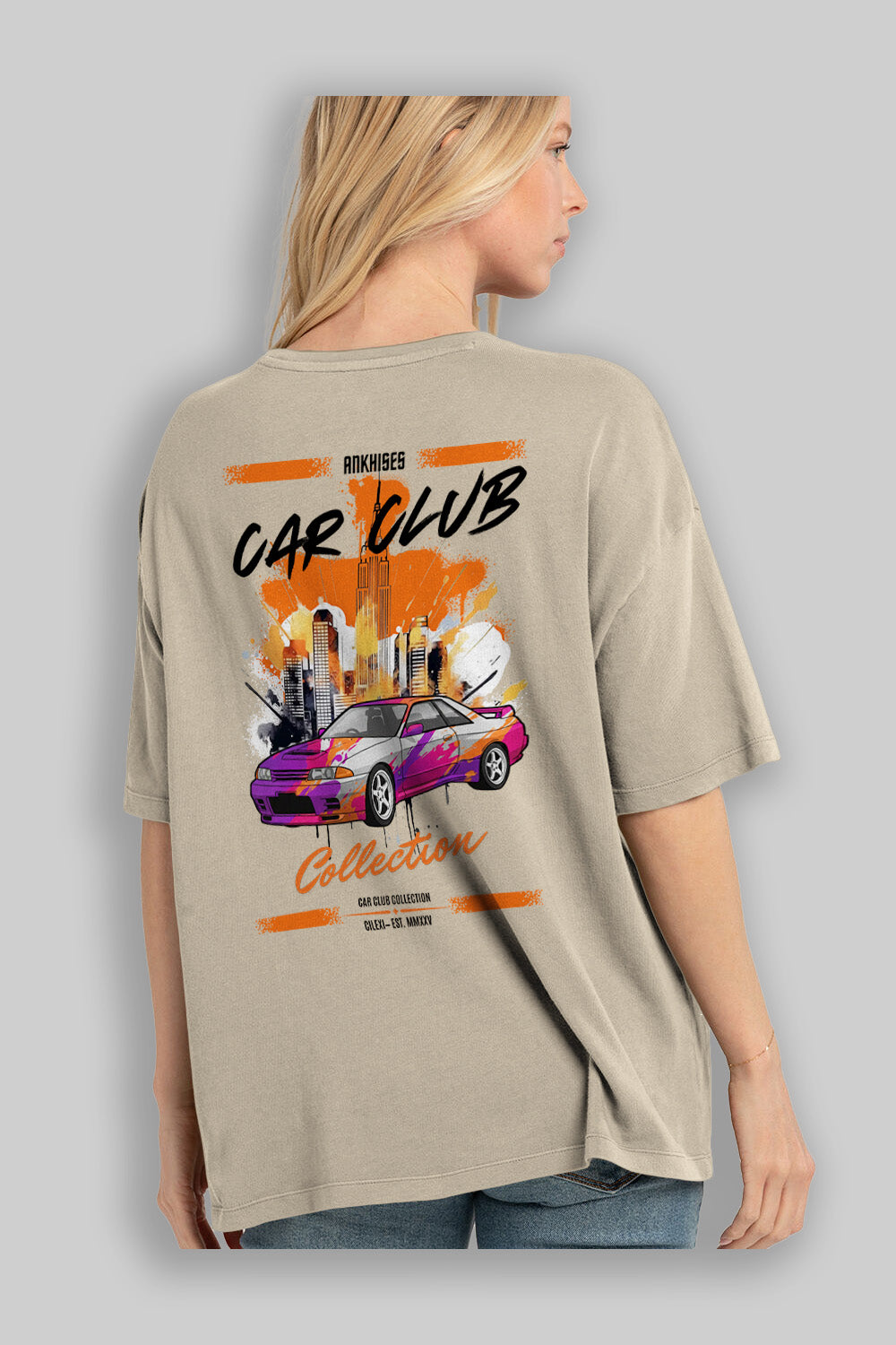 Araba Club Serisi 33 Baskılı Oversize t-shirt Erkek Kadın %100 Pamuk Bisiklet Yaka tişort