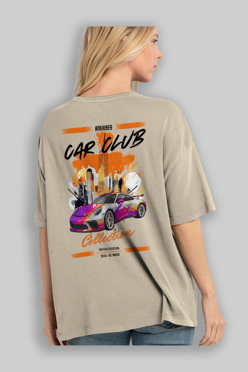 Araba Club Serisi 25 Baskılı Oversize t-shirt Erkek Kadın %100 Pamuk Bisiklet Yaka tişort