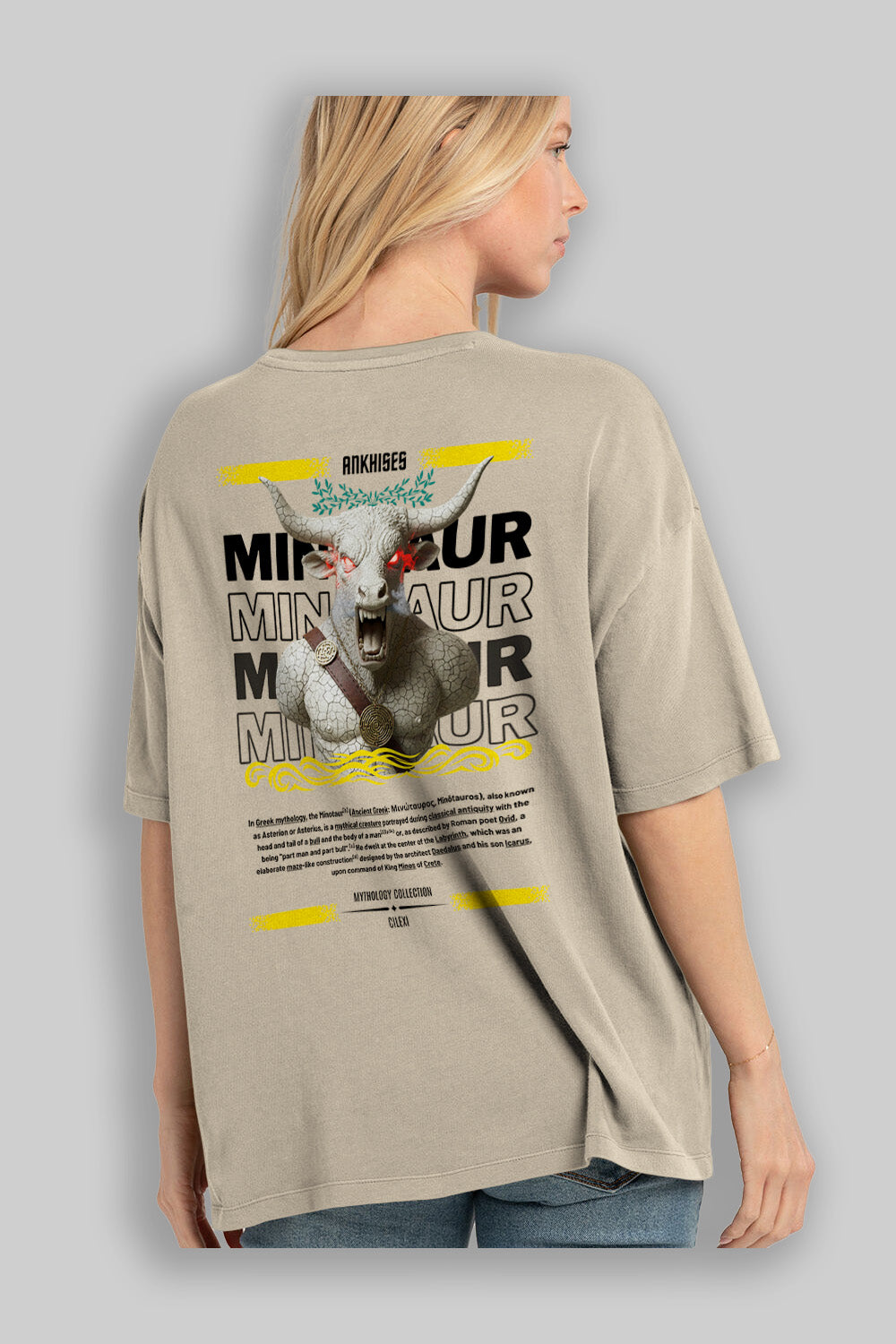 Minotaur 2 Arka Baskılı Oversize t-shirt Erkek Kadın %100 Pamuk Bisiklet Yaka tişort