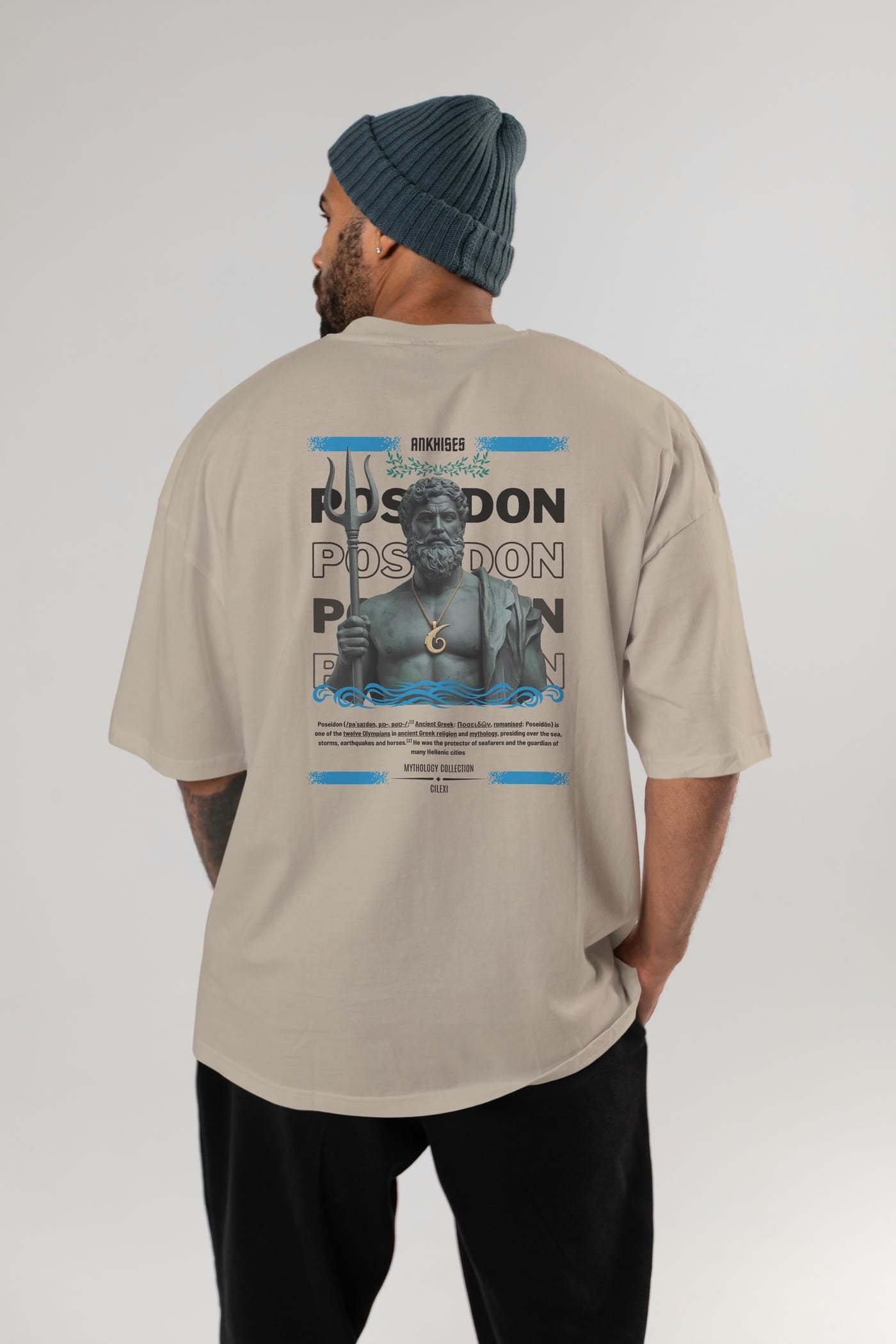 Poseidon 1 Arka Baskılı Oversize t-shirt Erkek Kadın %100 Pamuk Bisiklet Yaka tişort