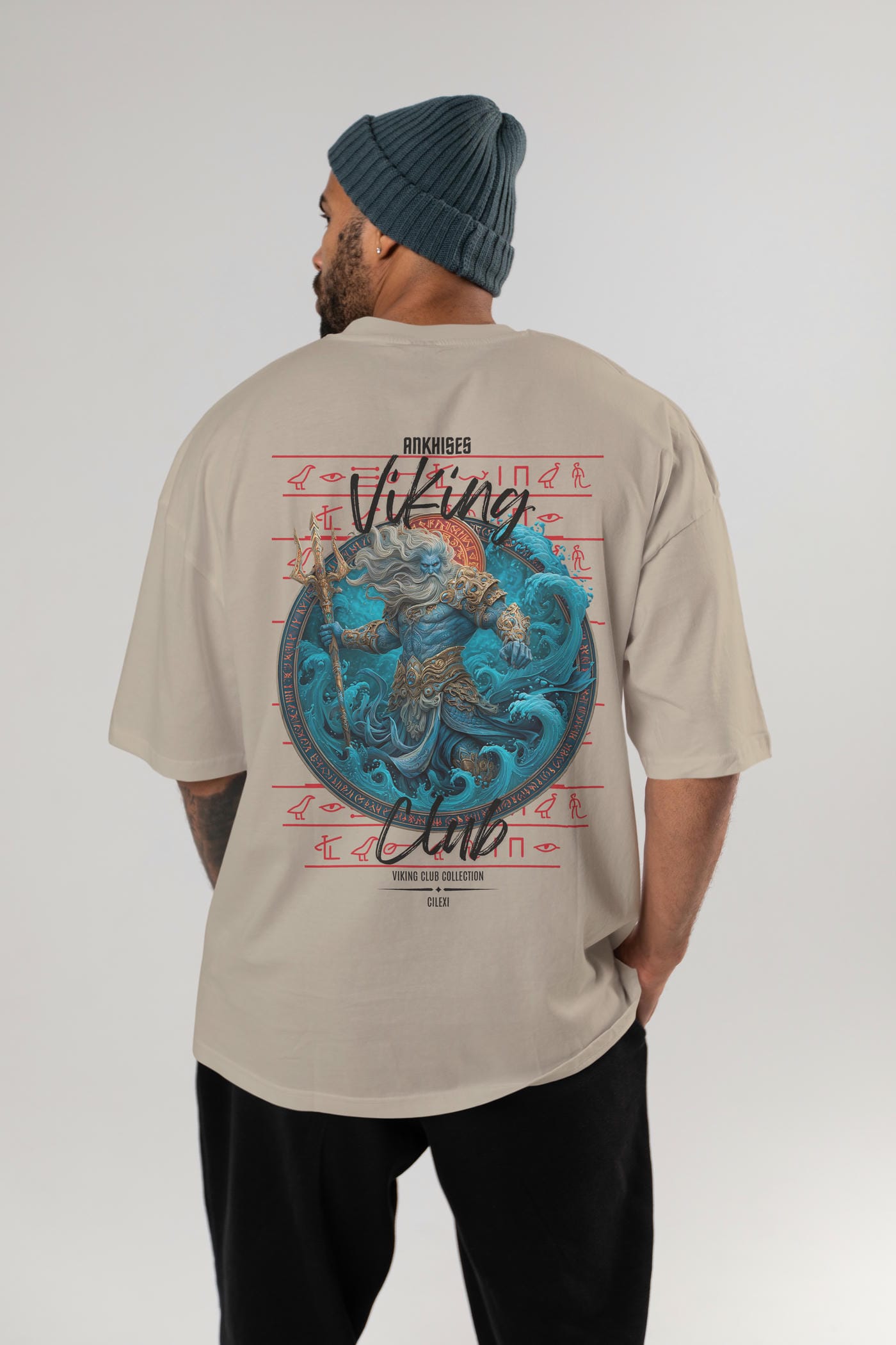 Njord Arka Baskılı Oversize t-shirt Erkek Kadın %100 Pamuk Bisiklet Yaka tişort