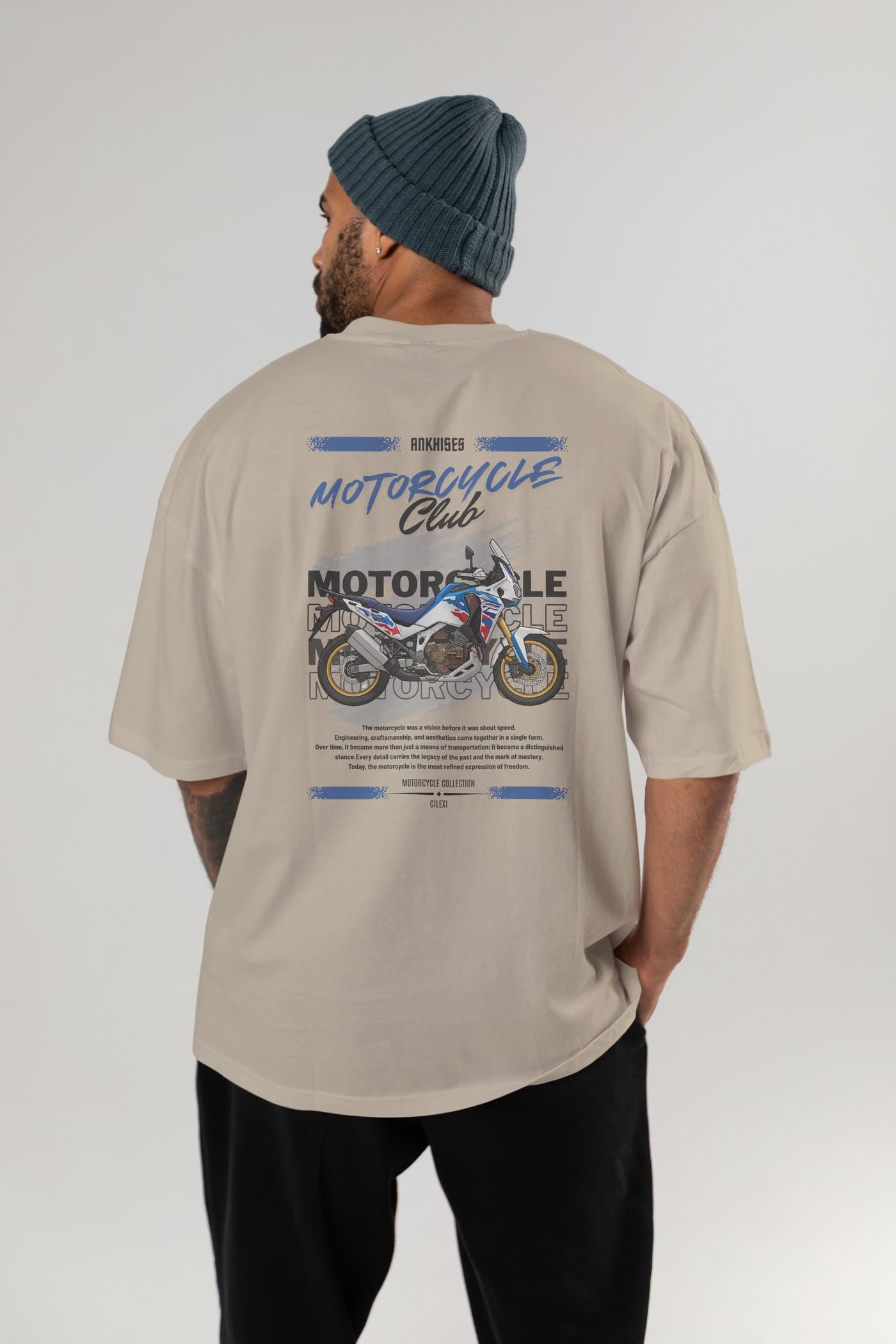 Motosiklet Serisi 23 Arka Baskılı Oversize t-shirt Erkek Kadın %100 Pamuk Bisiklet Yaka tişort