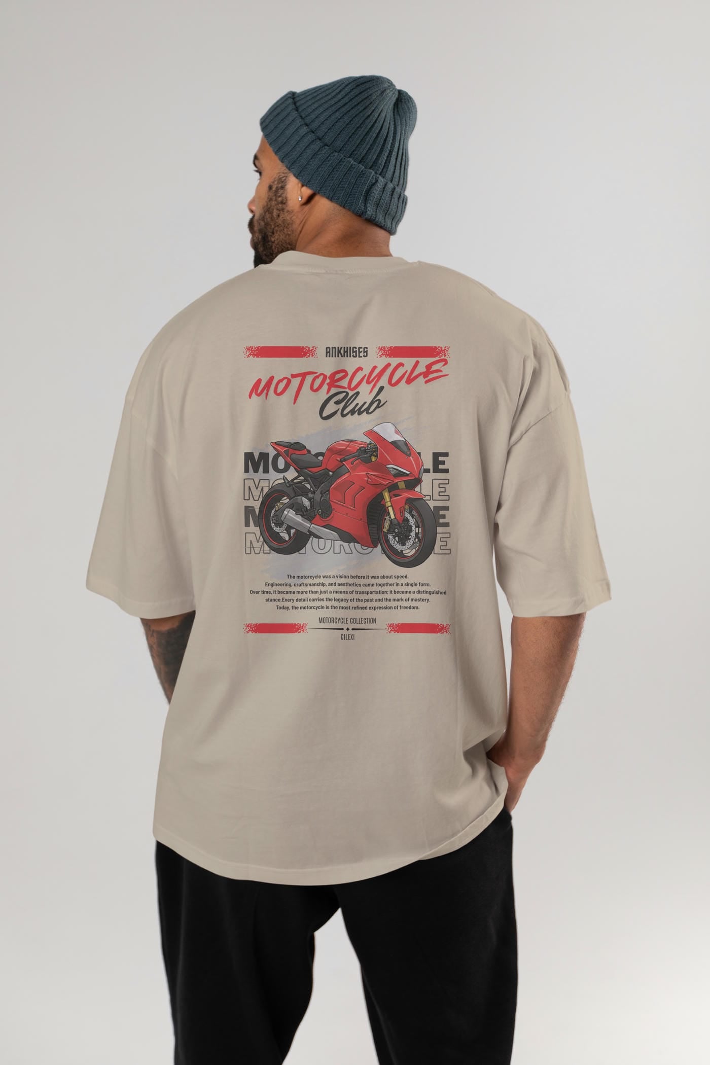 Motosiklet Serisi 7 Arka Baskılı Oversize t-shirt Erkek Kadın %100 Pamuk Bisiklet Yaka tişort